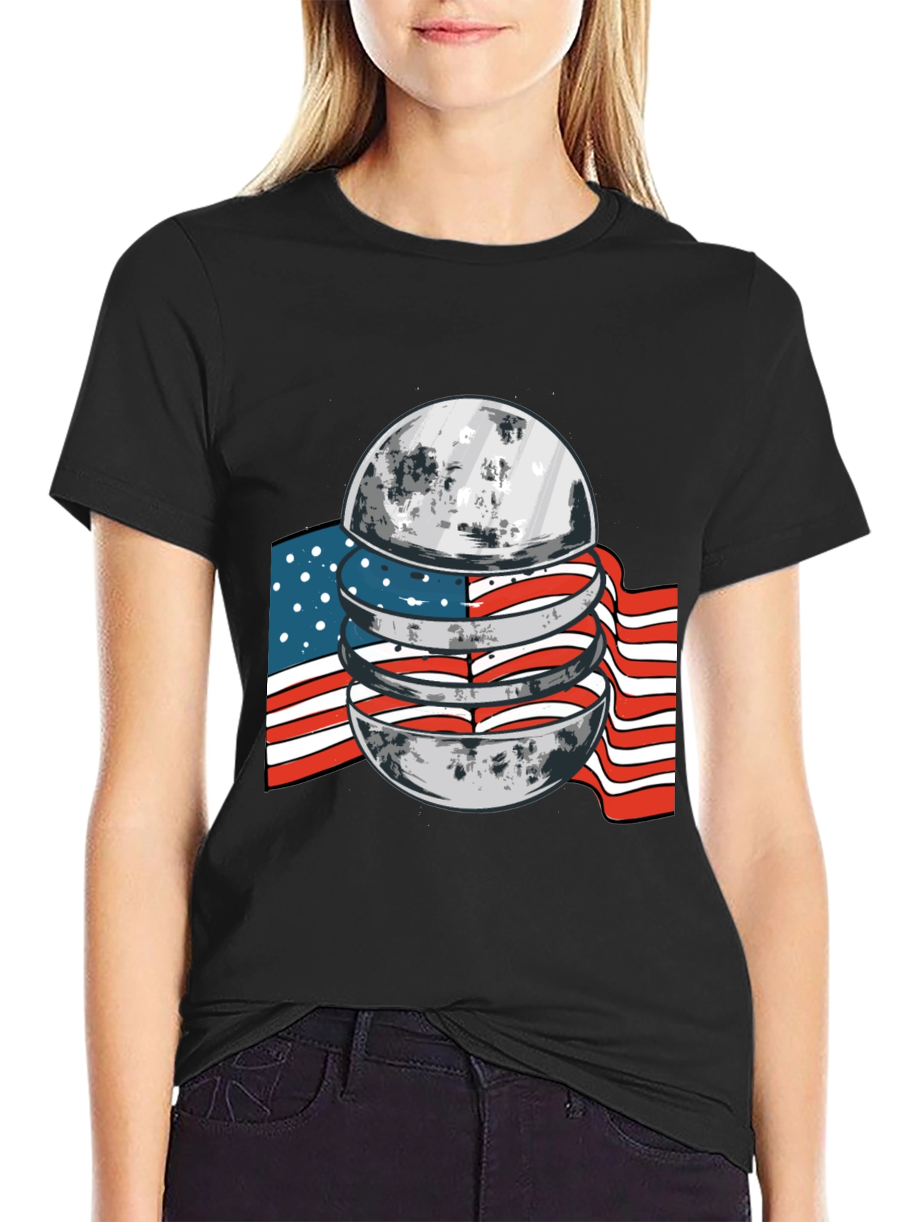 American Flag Moon Graphic Black T-Shirt