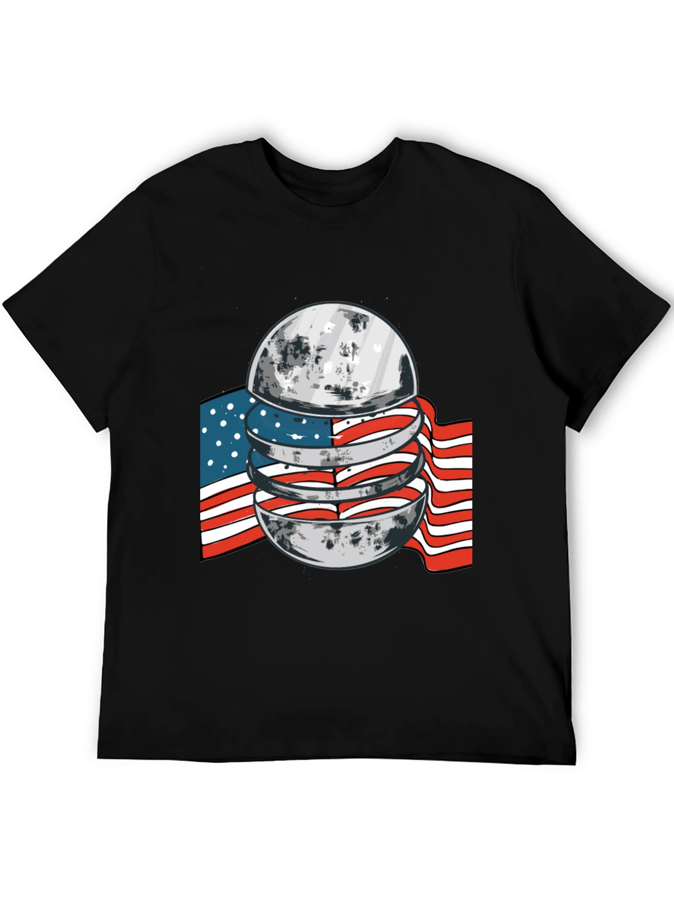 American Flag Moon Graphic Black T-Shirt
