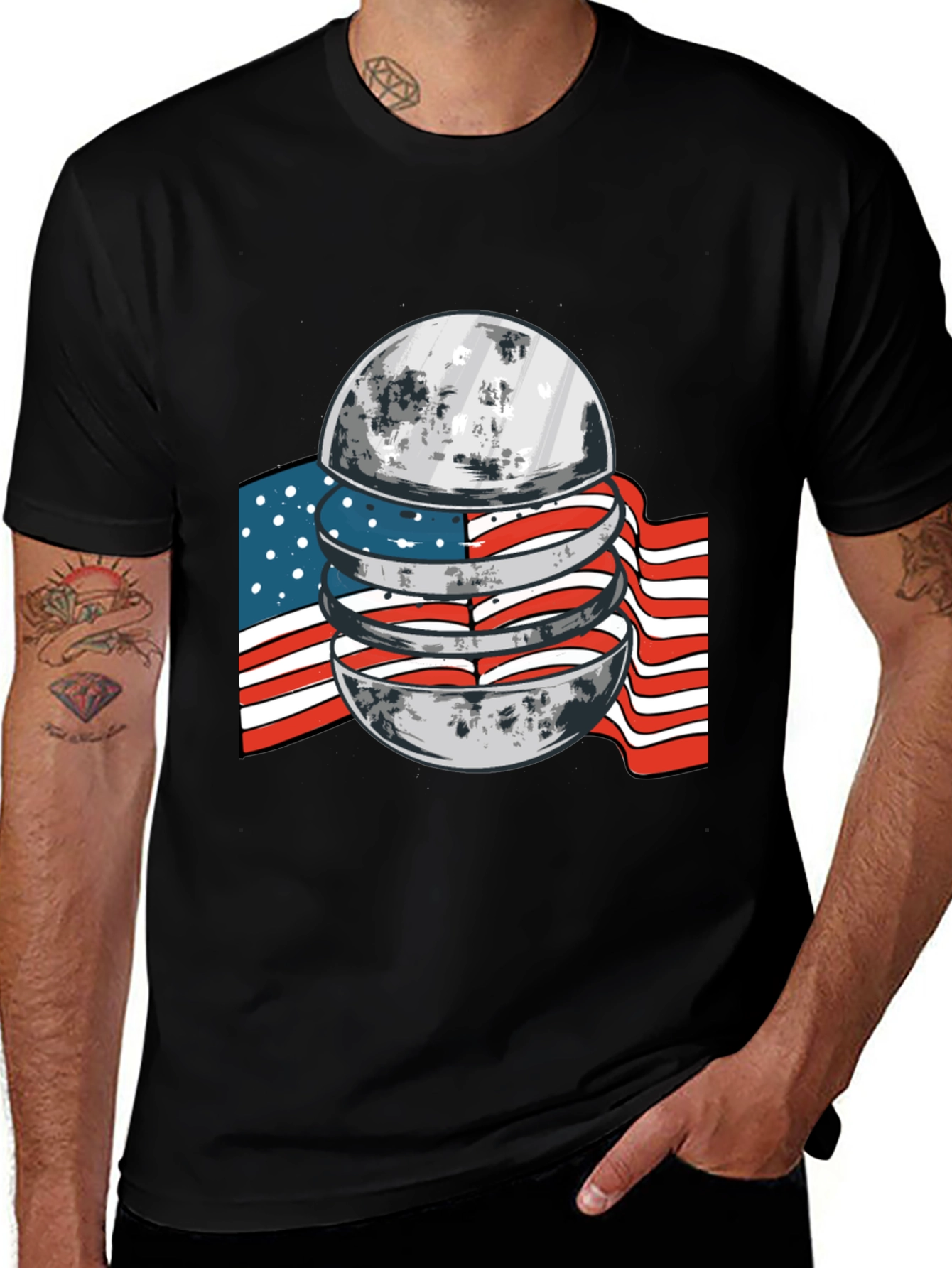 American Flag Moon Graphic Black T-Shirt
