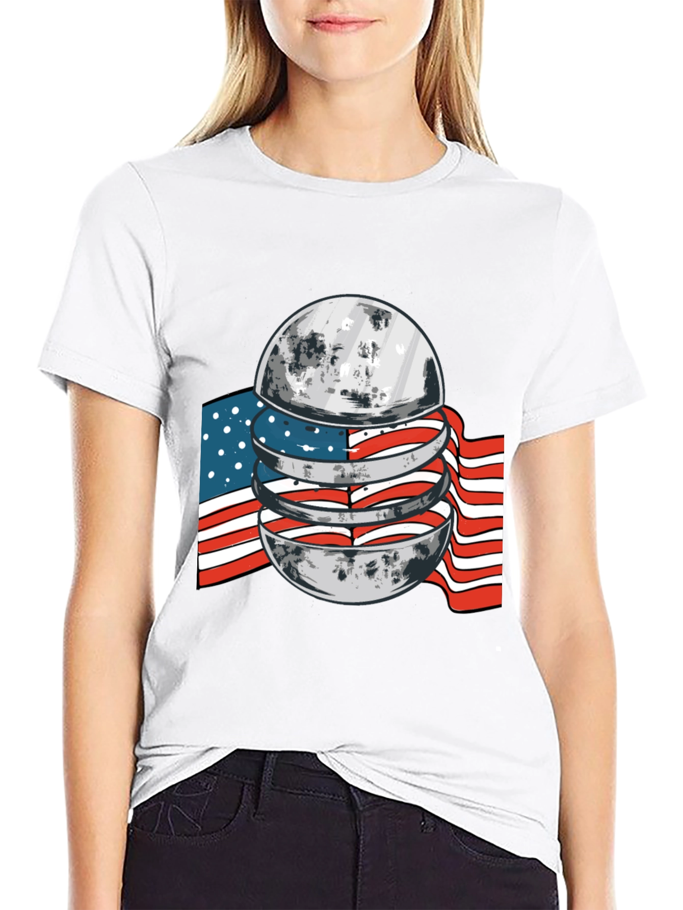American Flag Moon Graphic Black T-Shirt