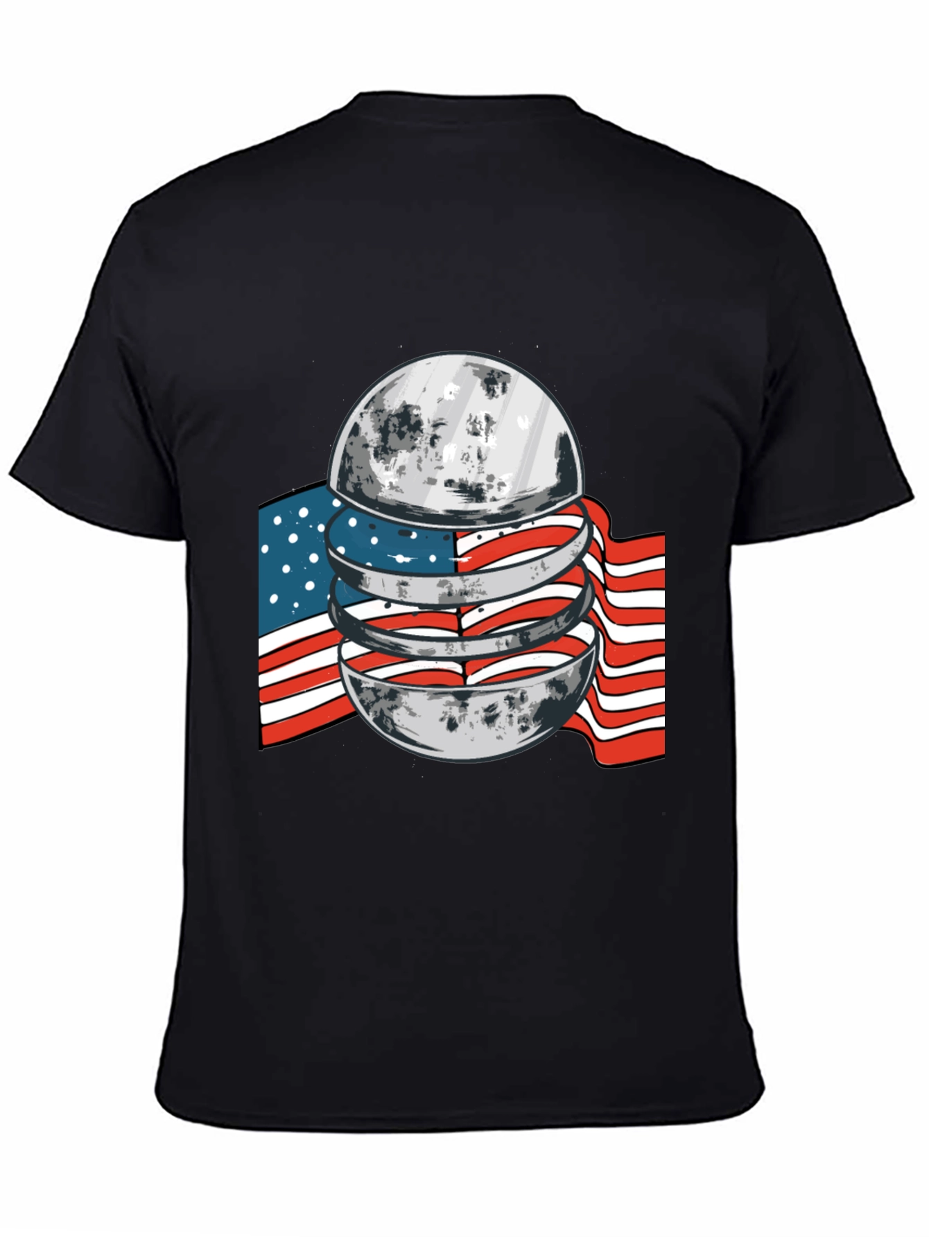 American Flag Moon Graphic Black T-Shirt