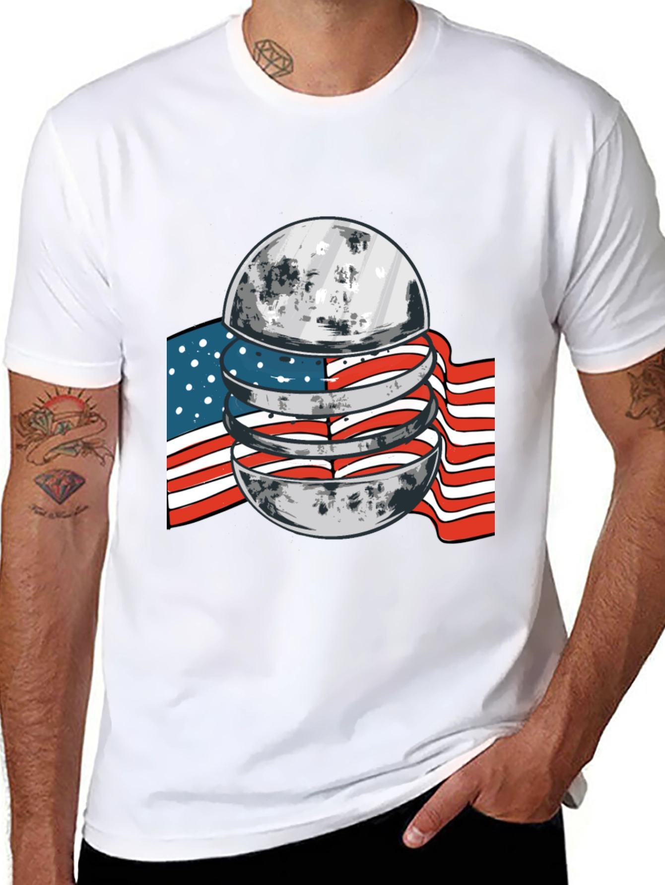 American Flag Moon Graphic Black T-Shirt