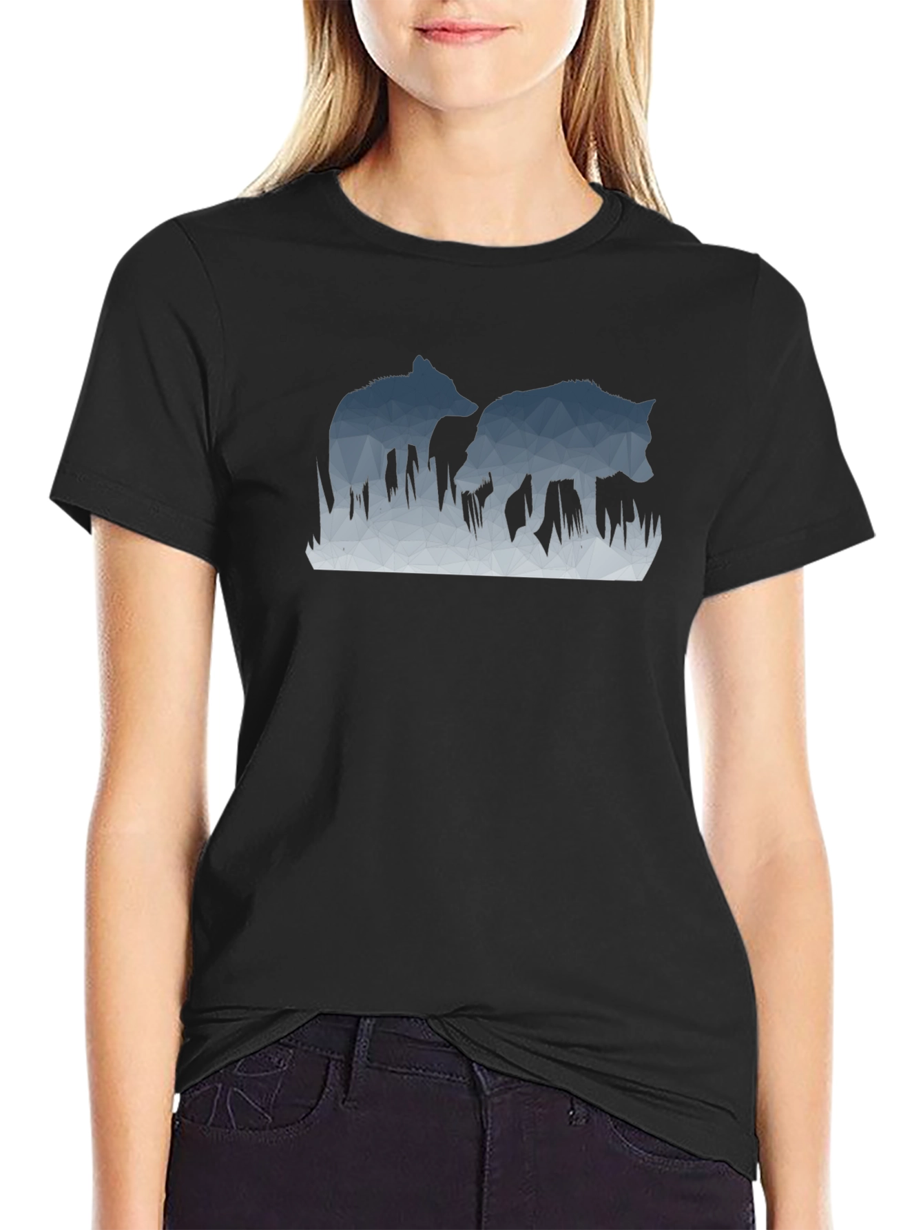 Geometric Wolves Graphic Black T-Shirt