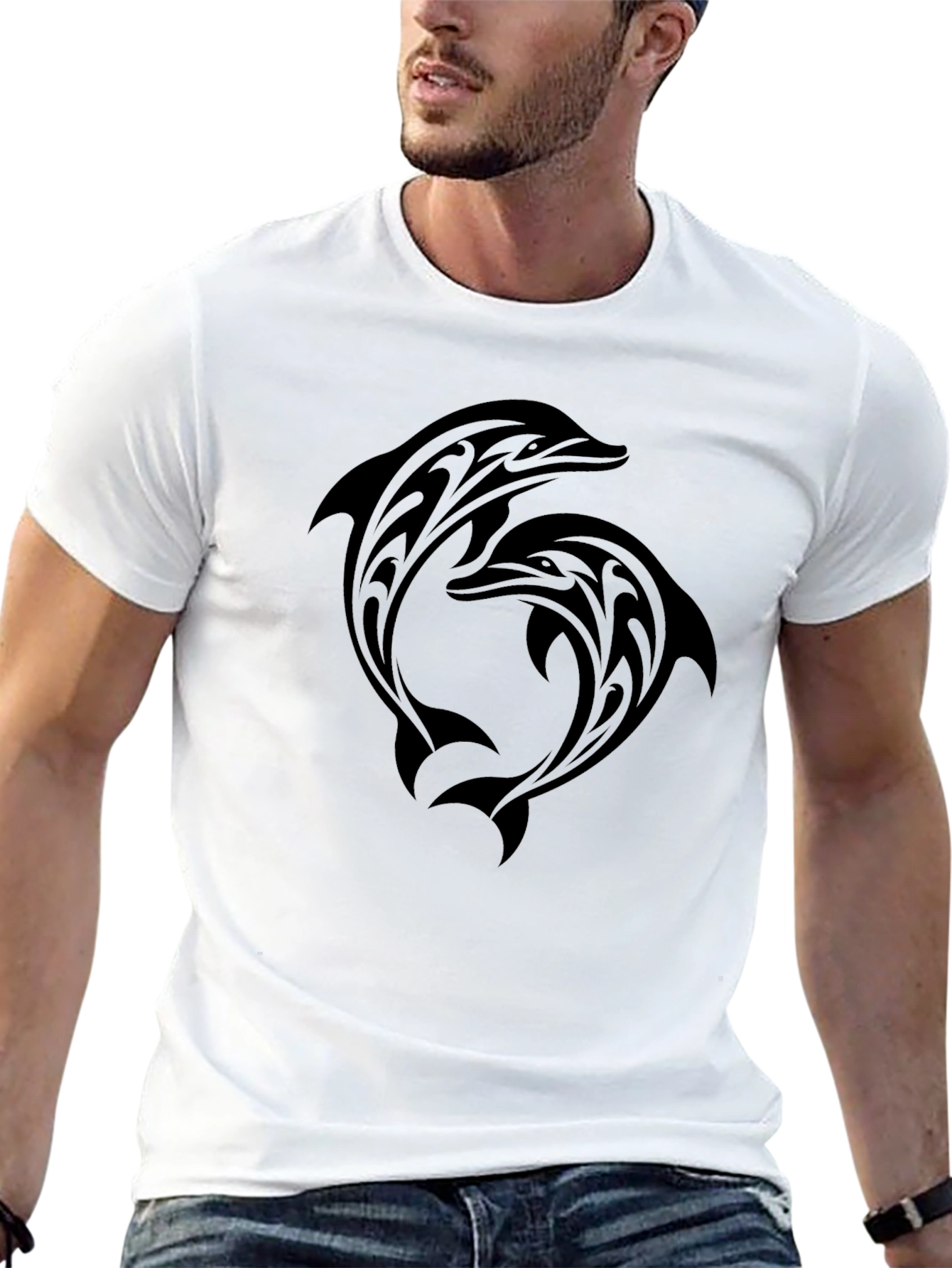 Tribal Dolphin Graphic Tee - Black Cotton T-Shirt
