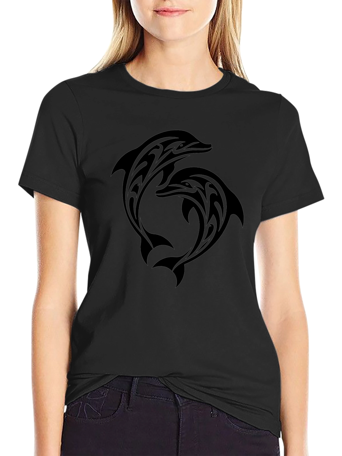 Tribal Dolphin Graphic Tee - Black Cotton T-Shirt
