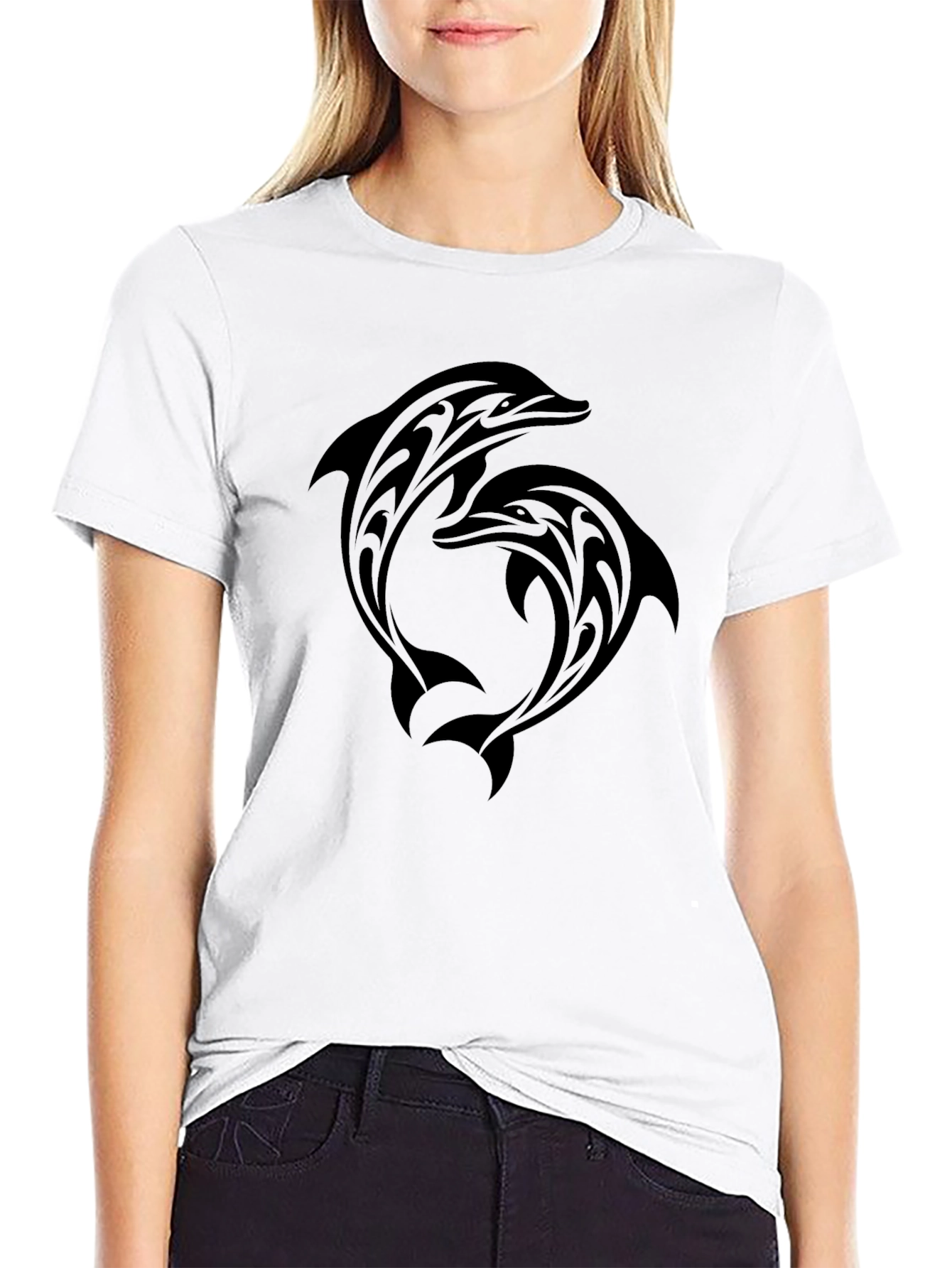 Tribal Dolphin Graphic Tee - Black Cotton T-Shirt