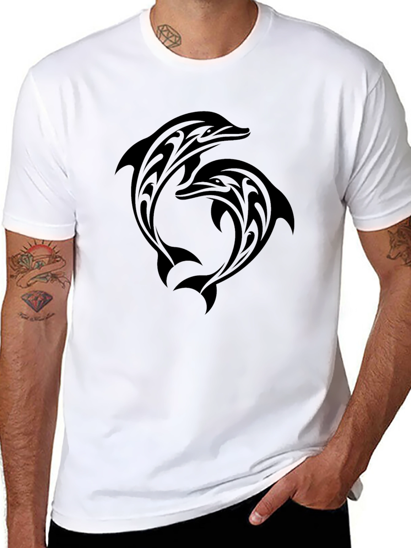 Tribal Dolphin Graphic Tee - Black Cotton T-Shirt