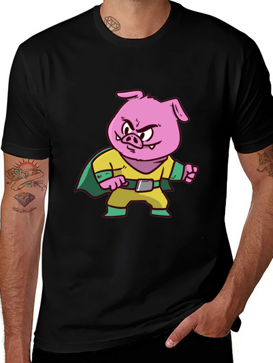 Pig Superhero Graphic Tee - Black Cotton Blend