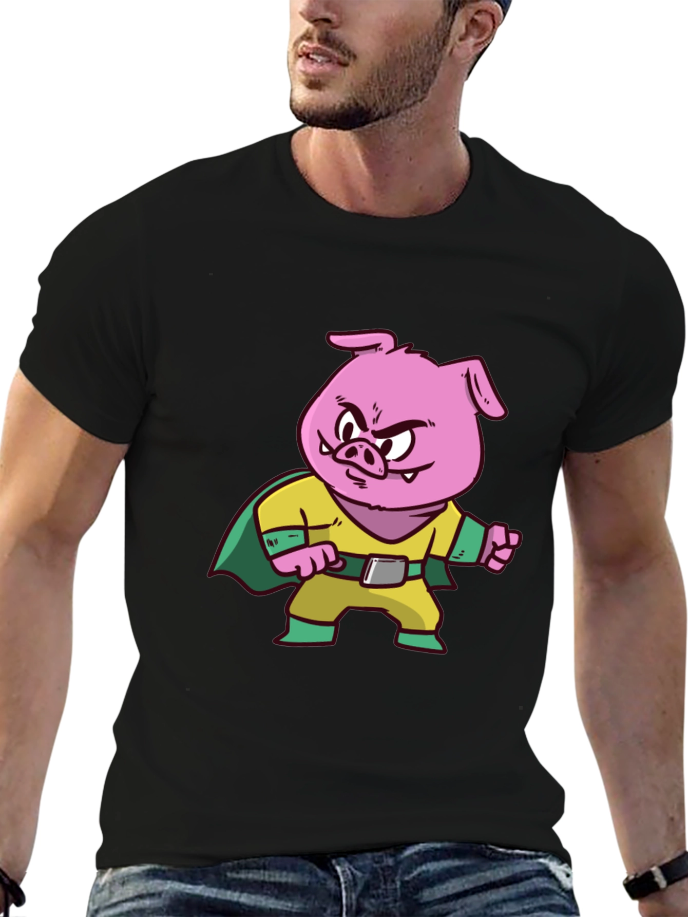 Pig Superhero Graphic Tee - Black Cotton Blend