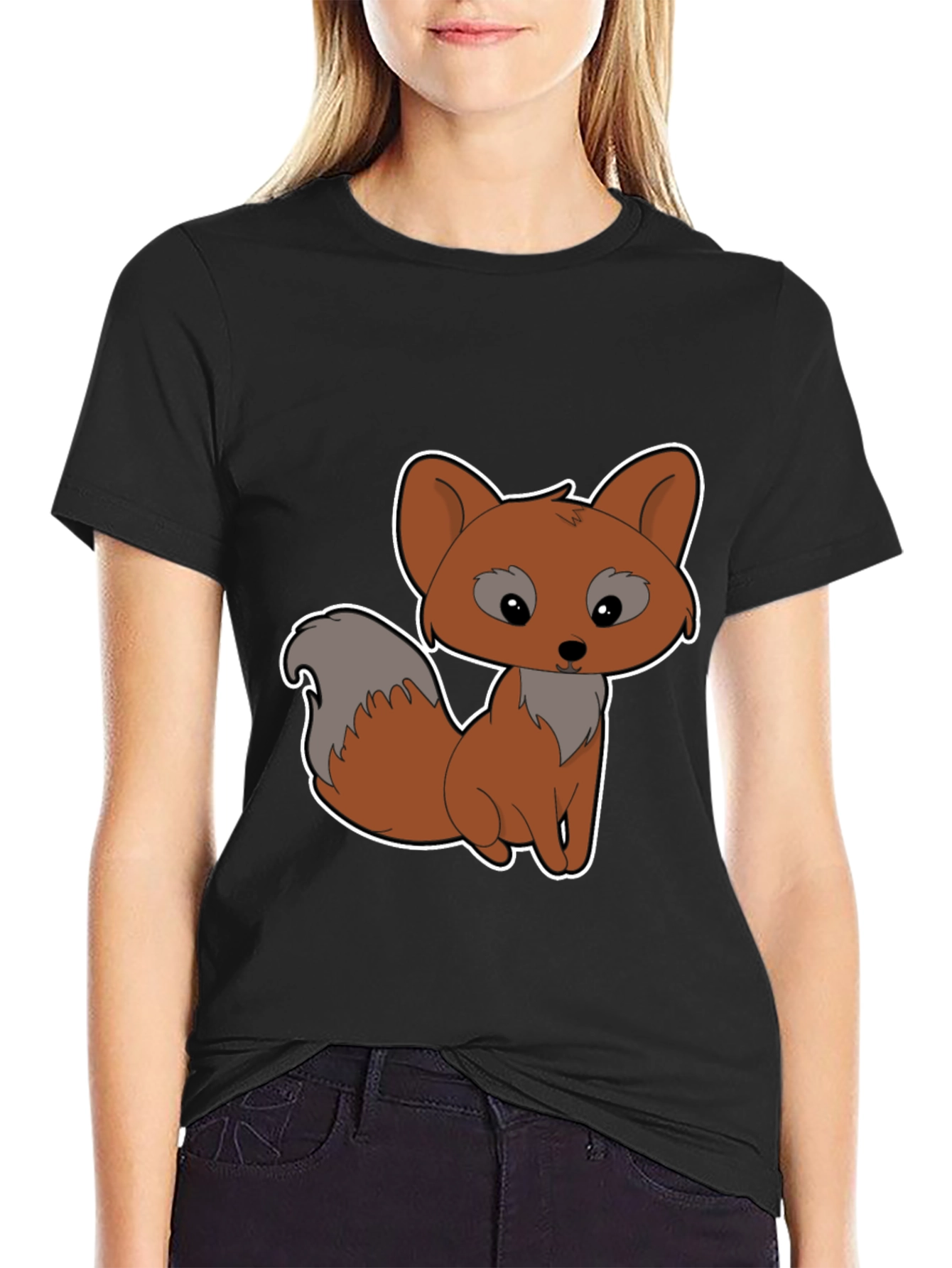 Cute Cartoon Fox Graphic Tee - Black Cotton Shirt