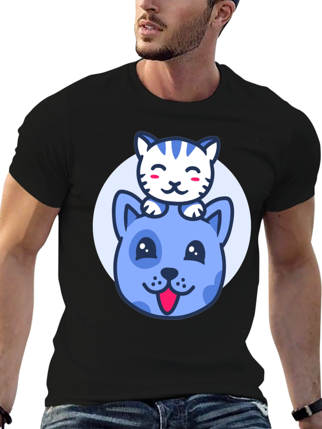 Cute Cartoon Cat & Dog Graphic T-Shirt