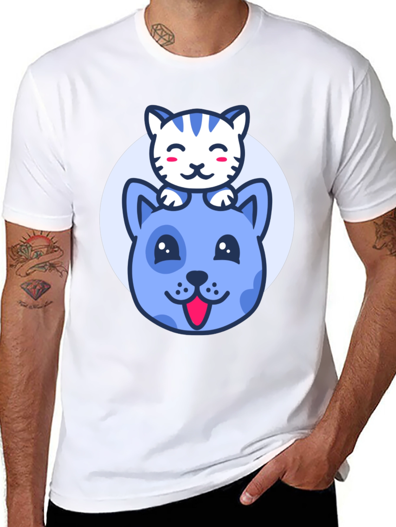 Cute Cartoon Cat & Dog Graphic T-Shirt