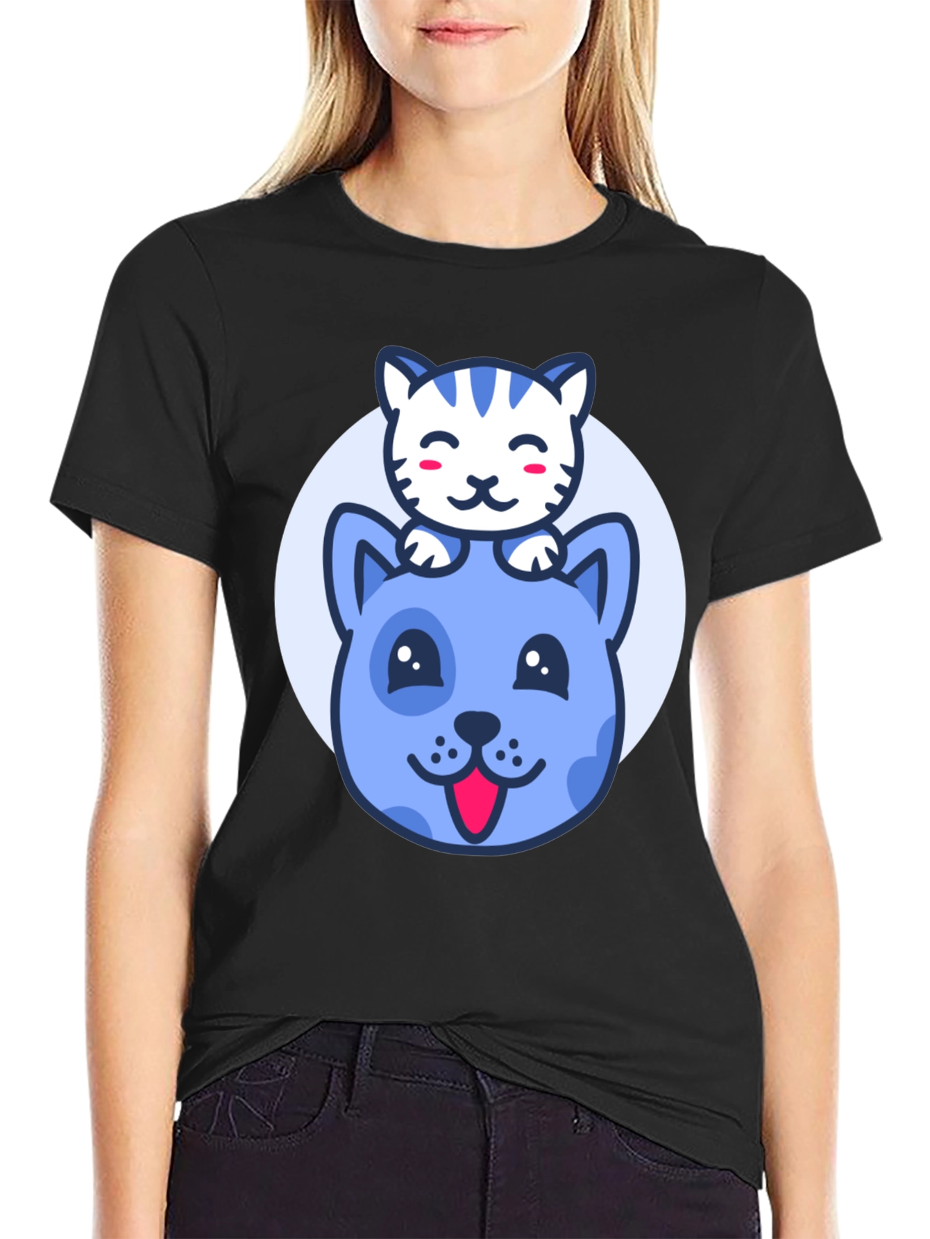 Cute Cartoon Cat & Dog Graphic T-Shirt
