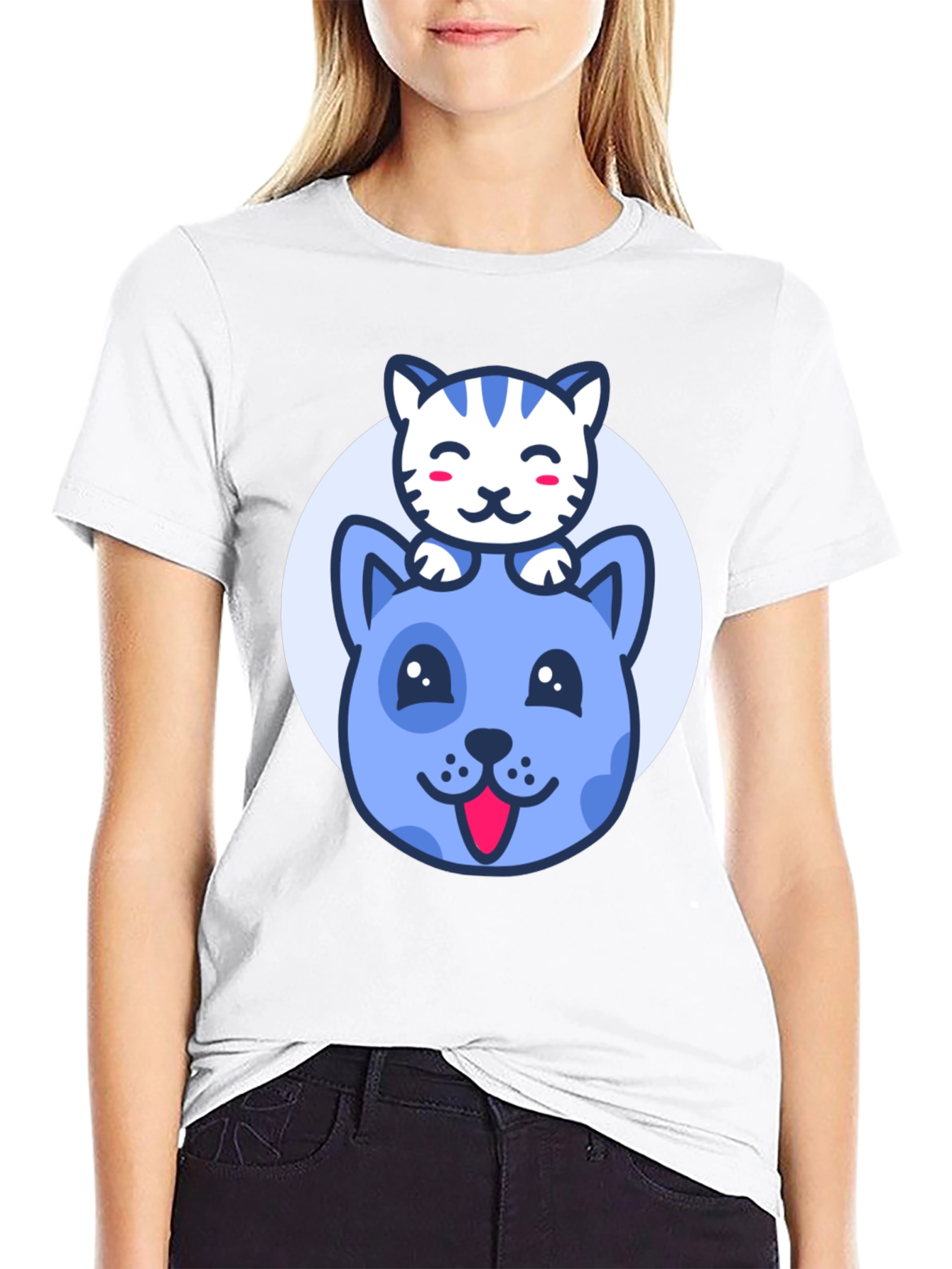 Cute Cartoon Cat & Dog Graphic T-Shirt
