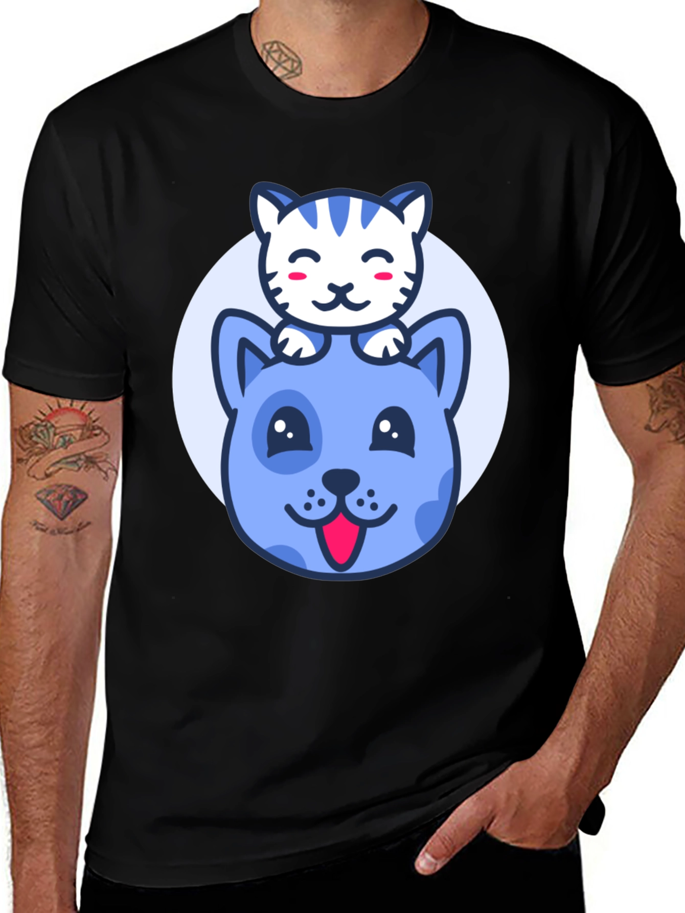 Cute Cartoon Cat & Dog Graphic T-Shirt