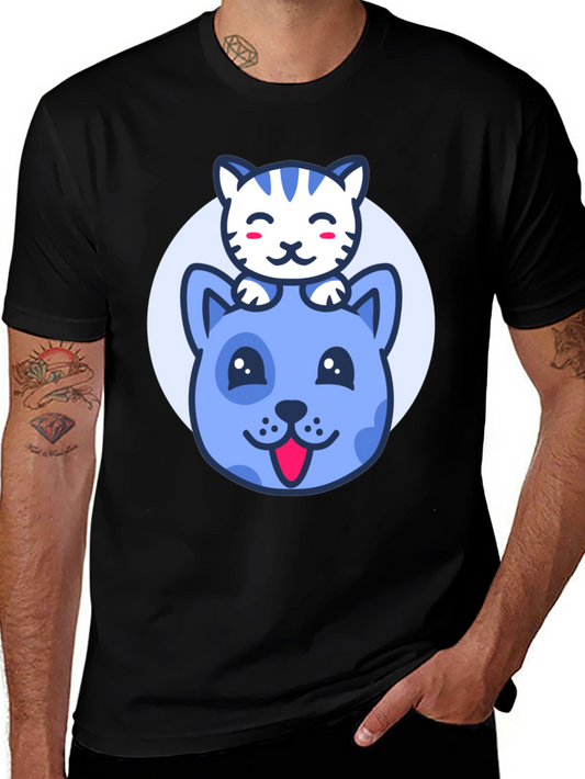 Cute Cartoon Cat & Dog Graphic T-Shirt