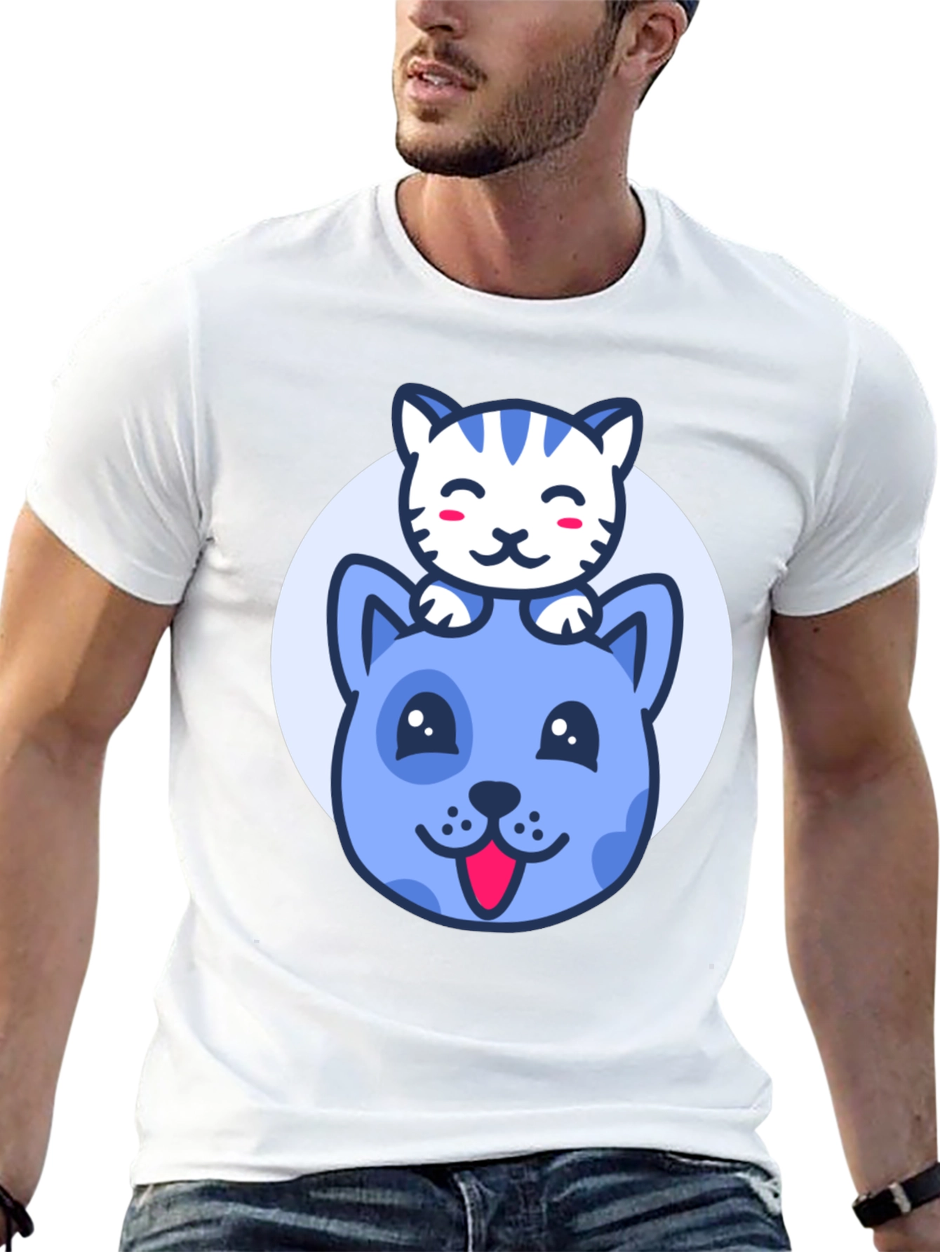 Cute Cartoon Cat & Dog Graphic T-Shirt