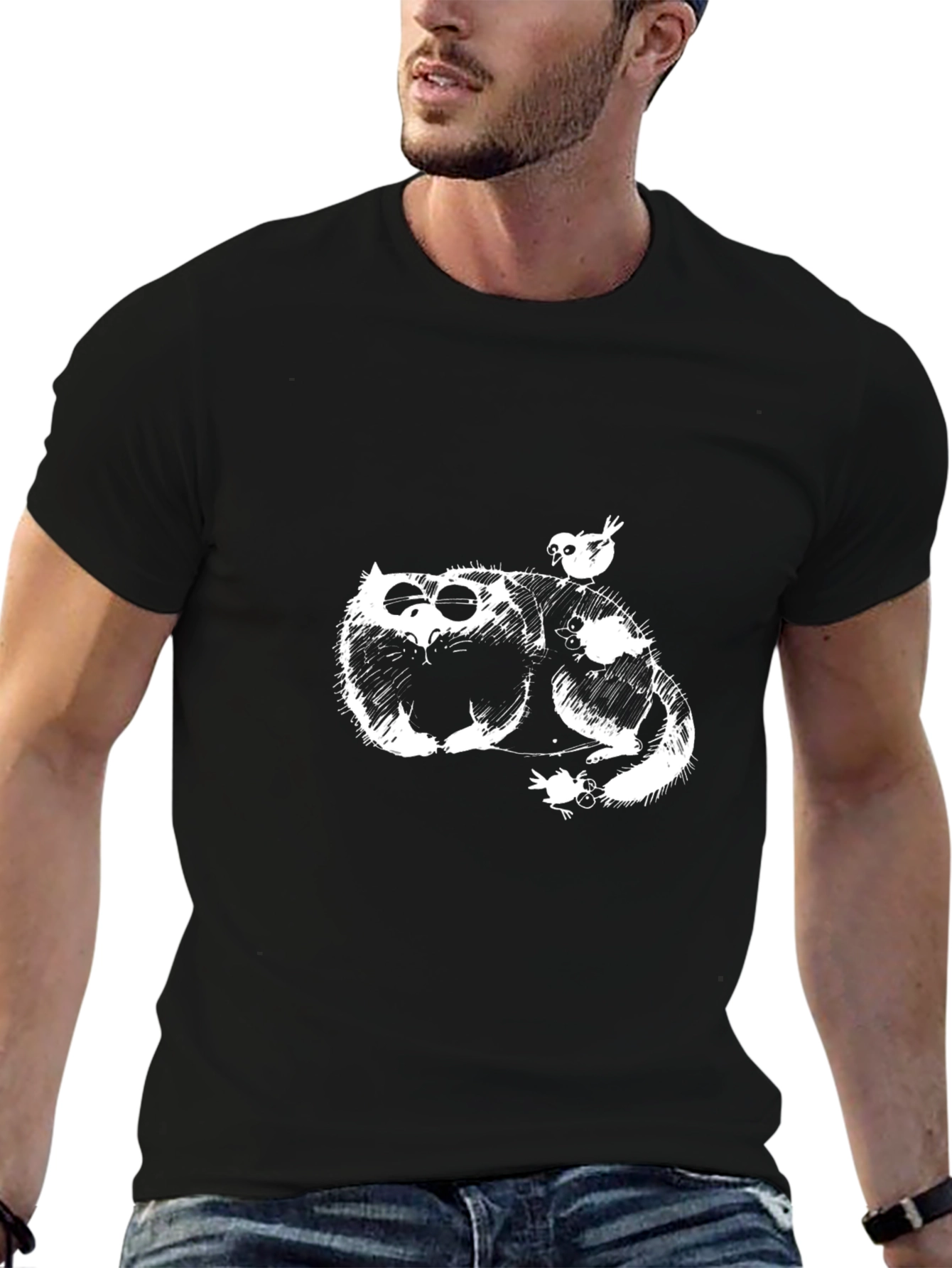 Whimsical Cat & Bird Graphic Tee - Black