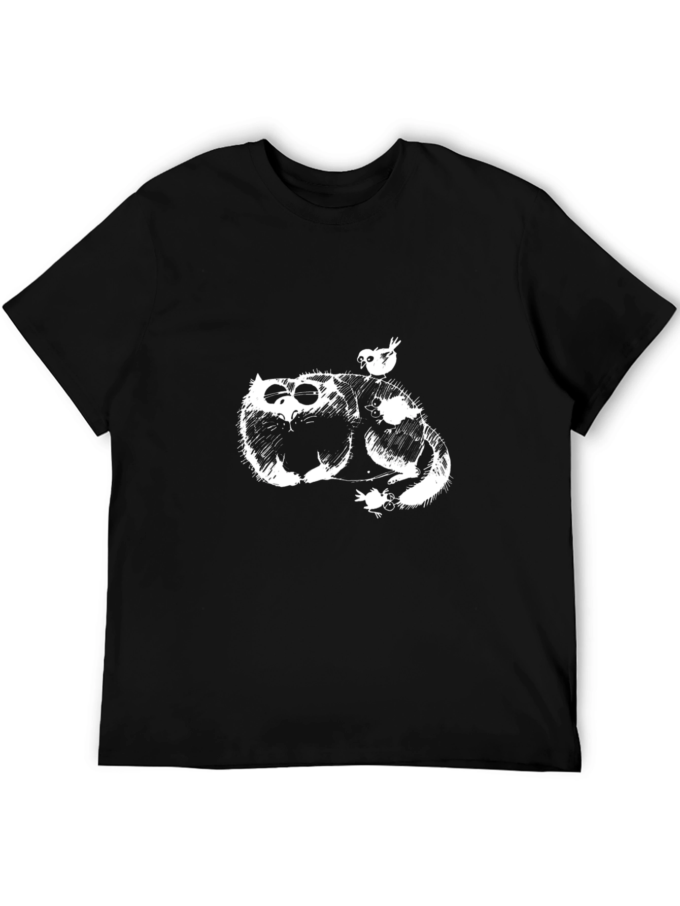 Whimsical Cat & Bird Graphic Tee - Black