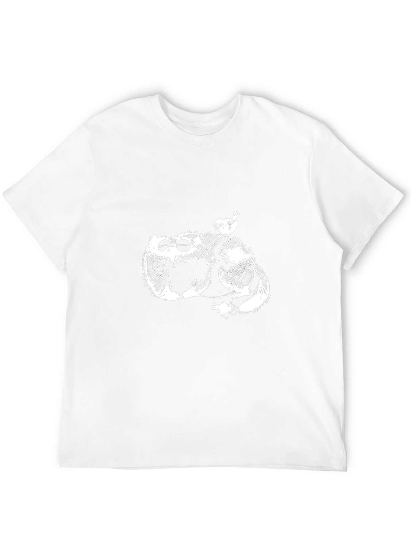 Whimsical Cat & Bird Graphic Tee - Black
