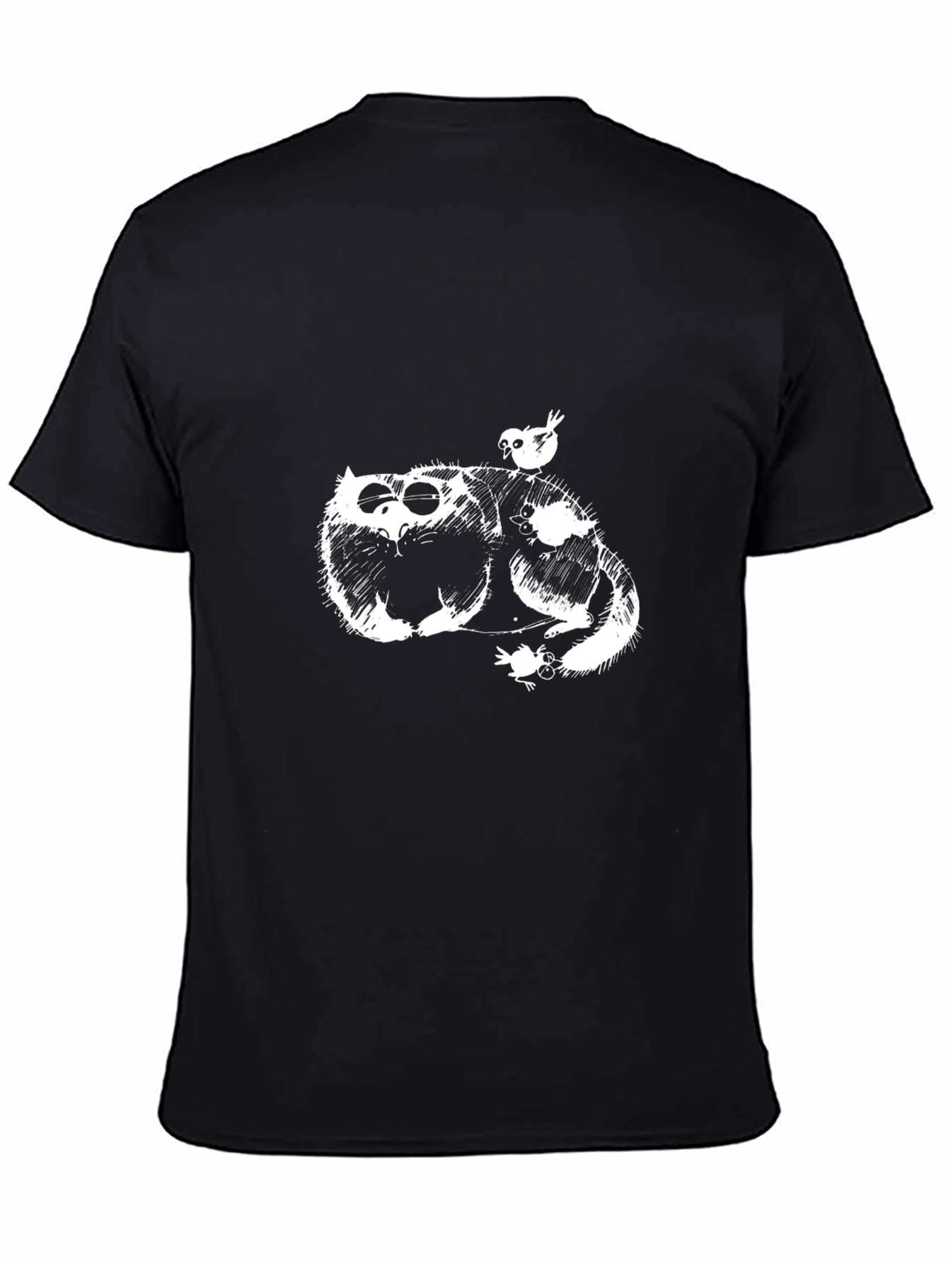 Whimsical Cat & Bird Graphic Tee - Black