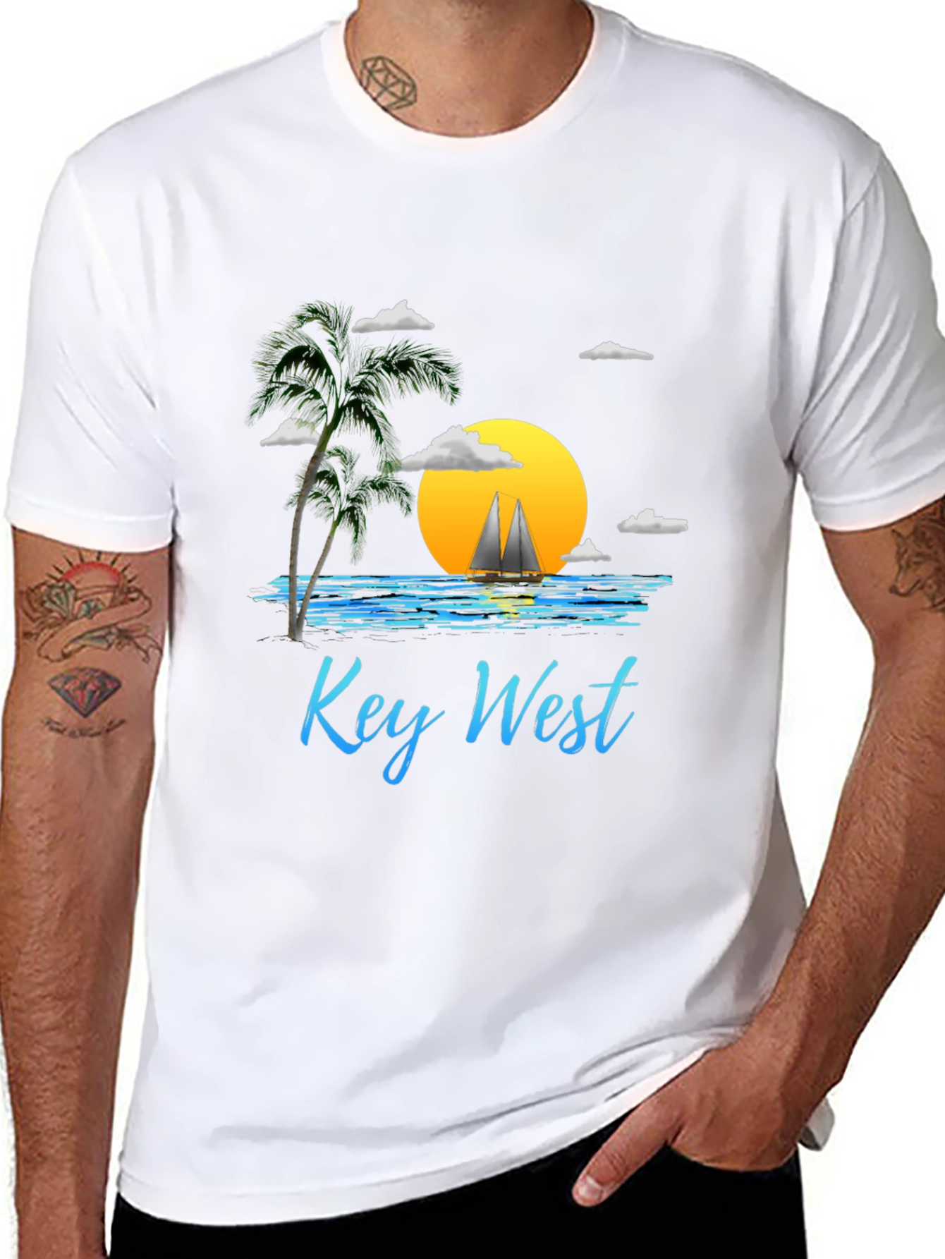 Key West Sunset T-Shirt - Palm Tree Sailboat Design