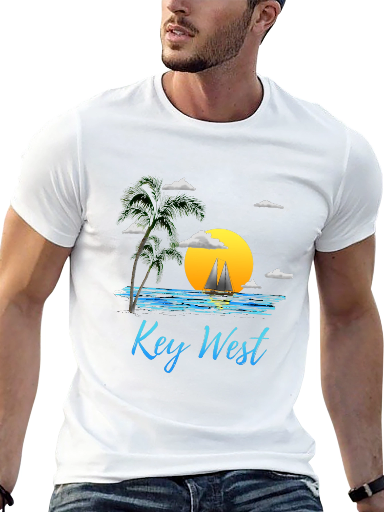 Key West Sunset T-Shirt - Palm Tree Sailboat Design