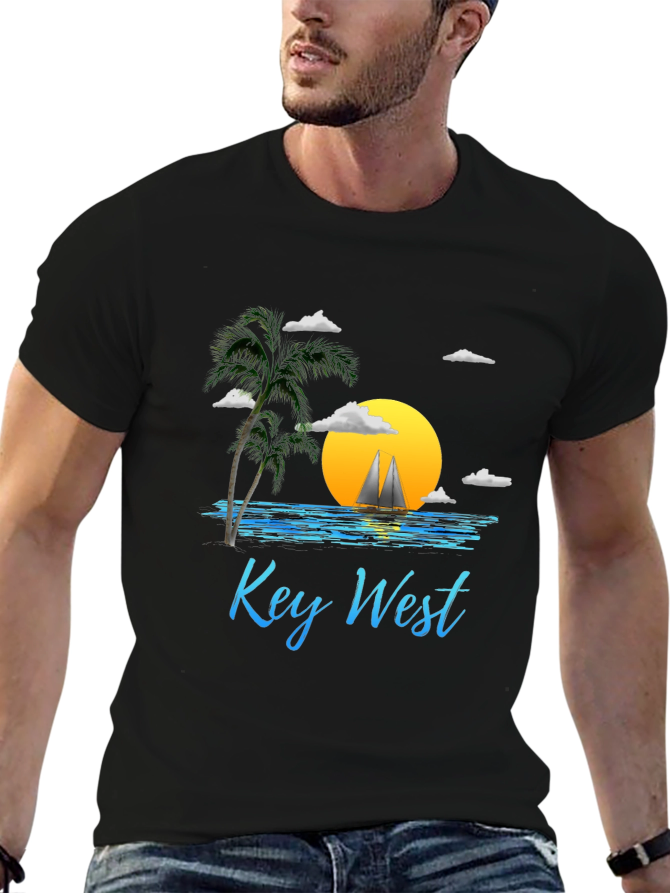 Key West Sunset T-Shirt - Palm Tree Sailboat Design