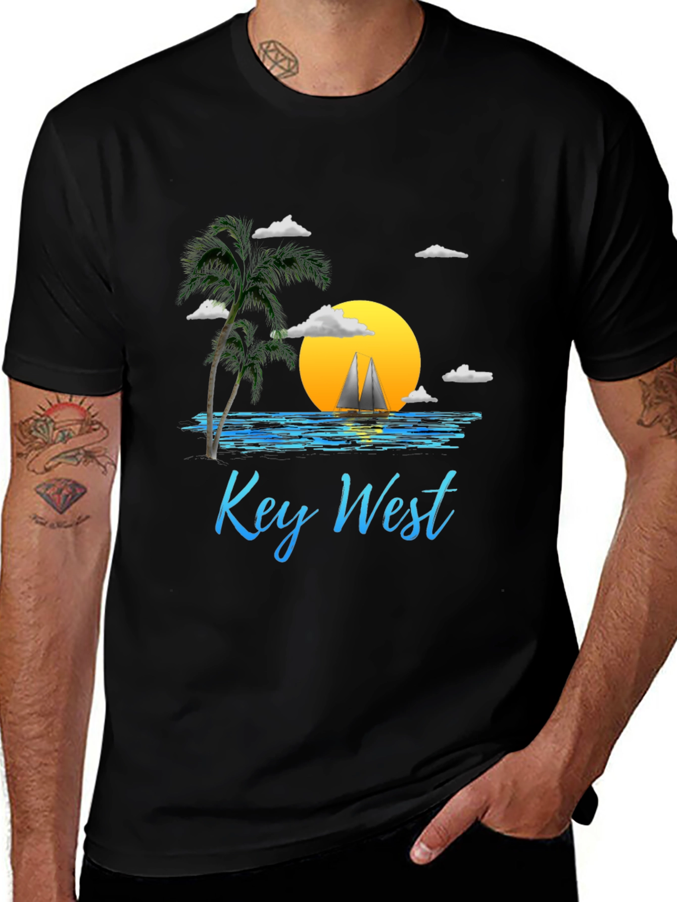 Key West Sunset T-Shirt - Palm Tree Sailboat Design