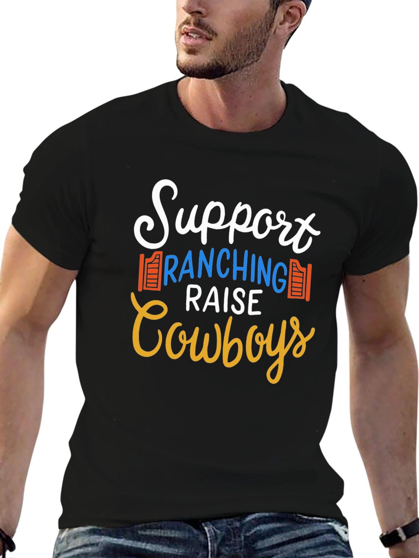 Support Ranching Raise Cowboys Black T-Shirt