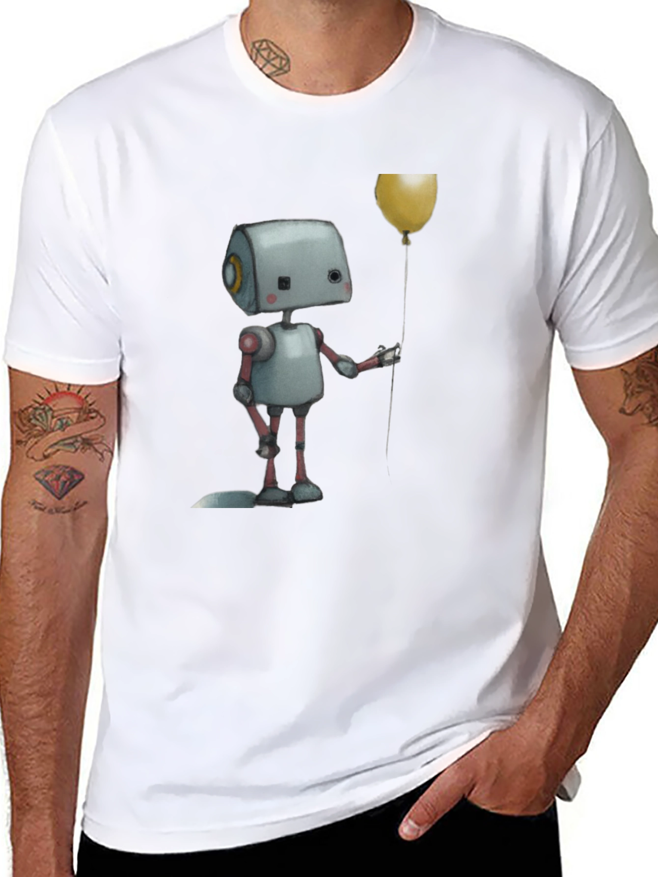 Robot Holding Balloon Black T-Shirt
