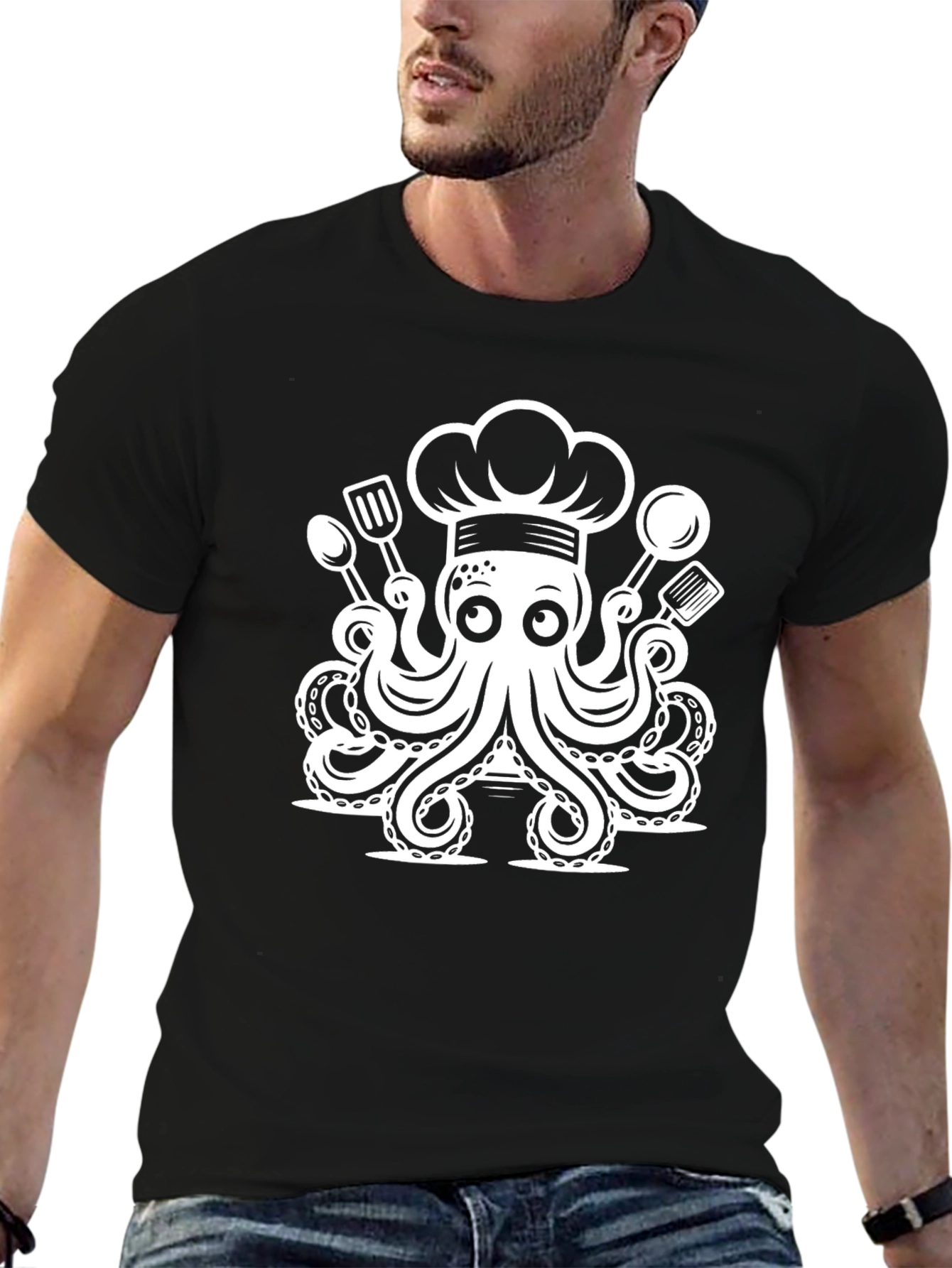 Chef Octopus Graphic Tee - Unique Black Cotton T-Shirt