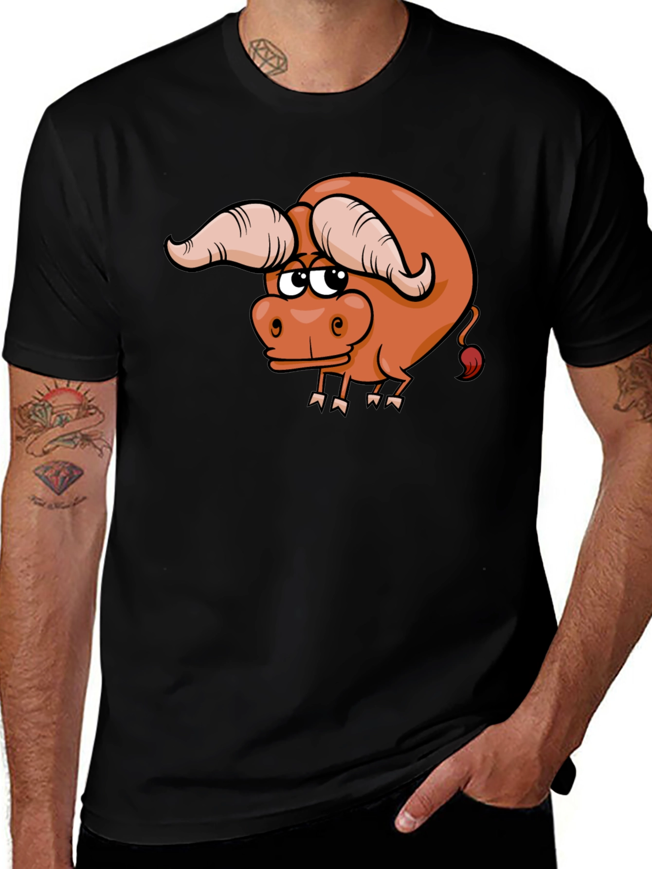 Funny Cartoon Bull Graphic Tee - Black Cotton T-Shirt