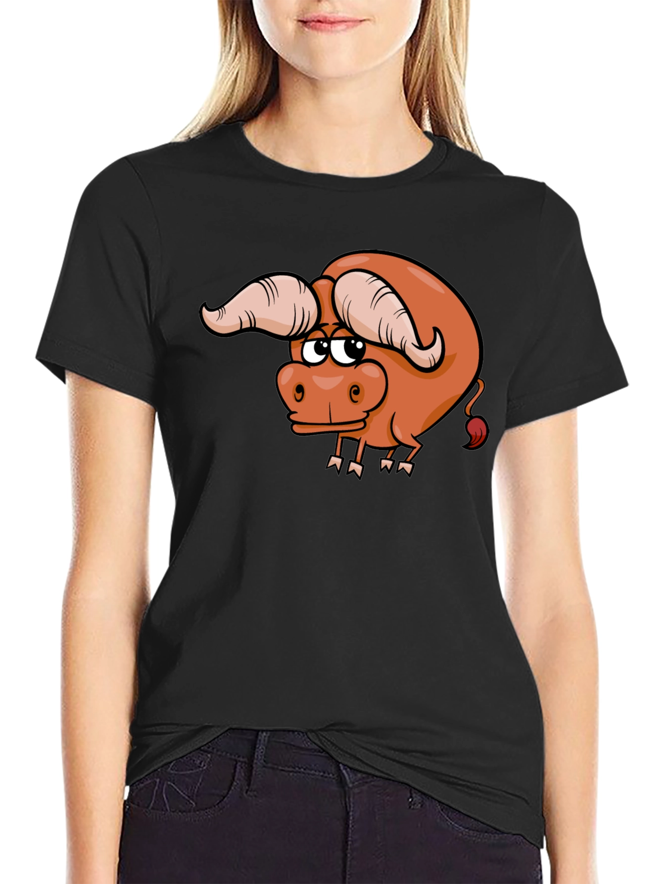 Funny Cartoon Bull Graphic Tee - Black Cotton T-Shirt