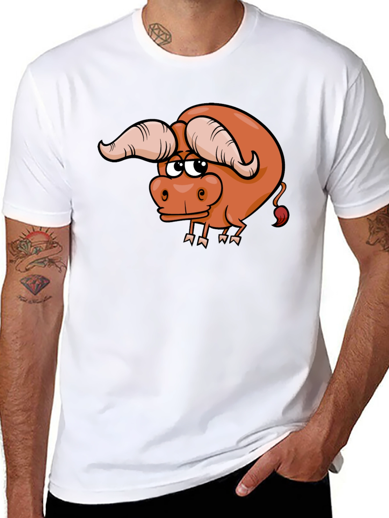 Funny Cartoon Bull Graphic Tee - Black Cotton T-Shirt