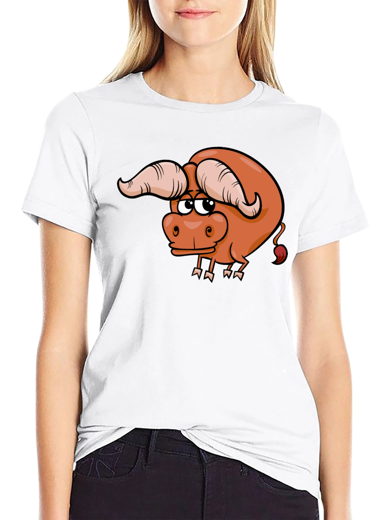 Funny Cartoon Bull Graphic Tee - Black Cotton T-Shirt