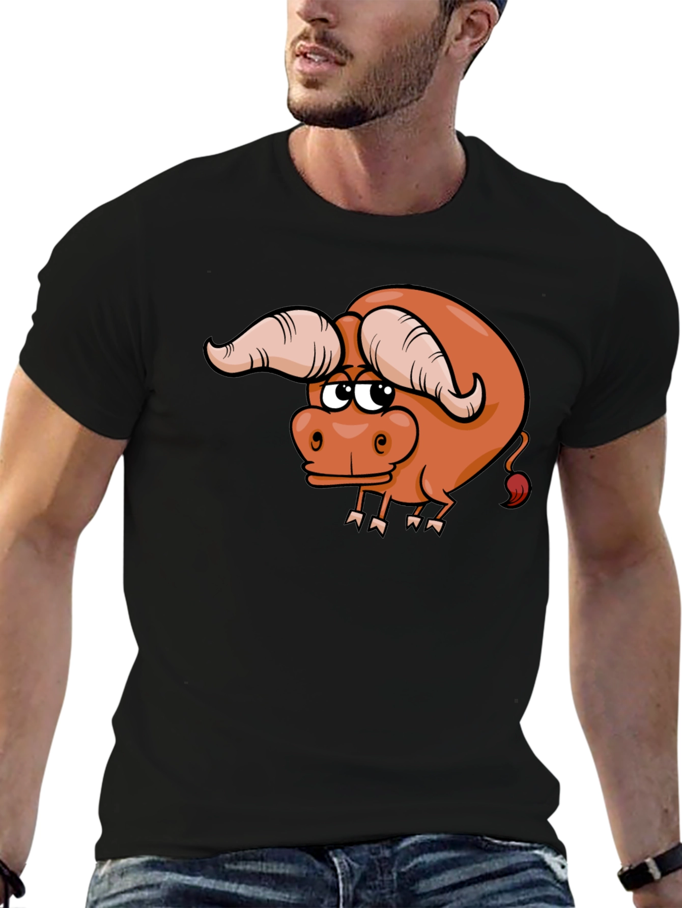 Funny Cartoon Bull Graphic Tee - Black Cotton T-Shirt