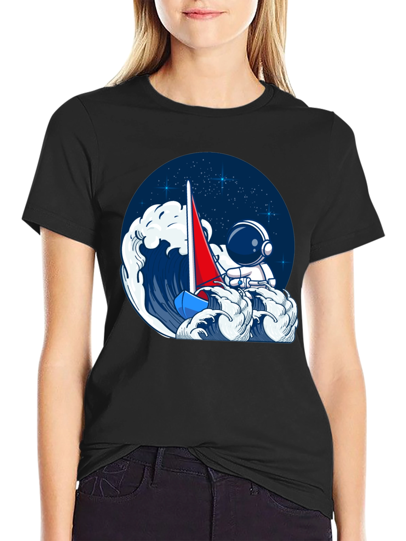 Astronaut Sailing T-Shirt - Black Unique Graphic Tee