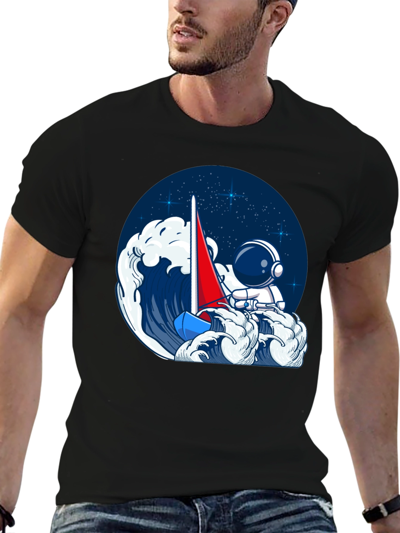 Astronaut Sailing T-Shirt - Black Unique Graphic Tee