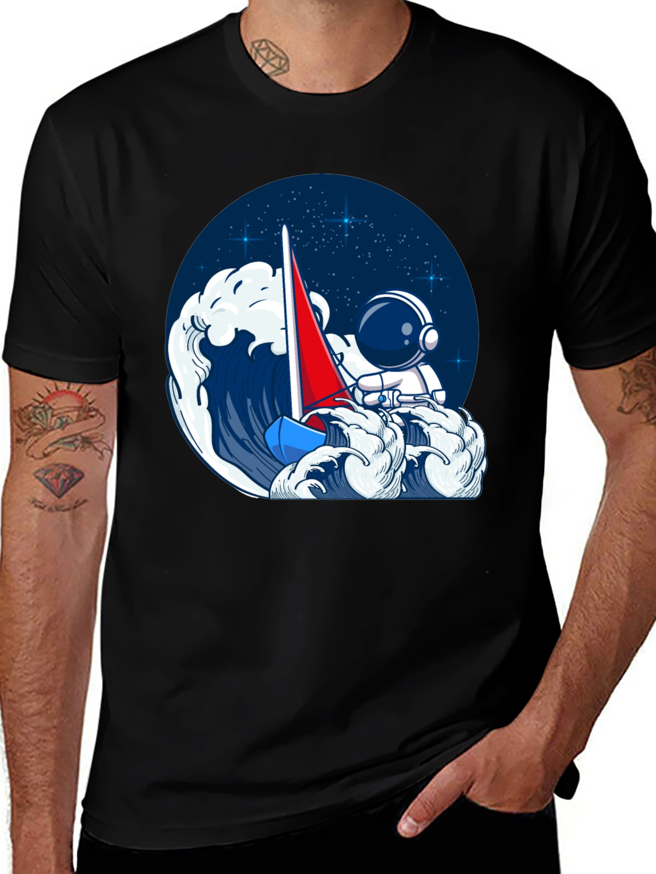 Astronaut Sailing T-Shirt - Black Unique Graphic Tee