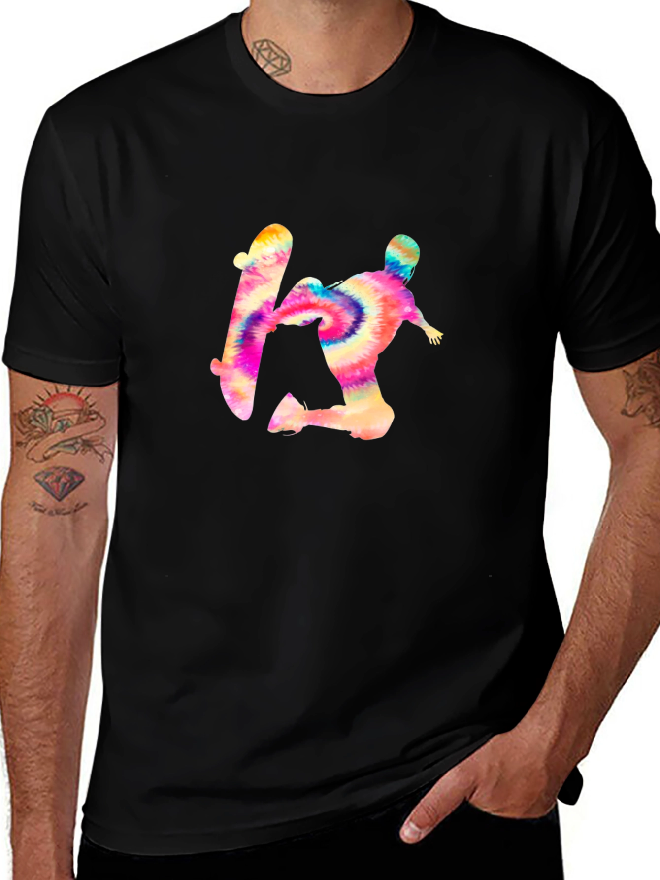 Tie-Dye Skateboarder Graphic Black Tee