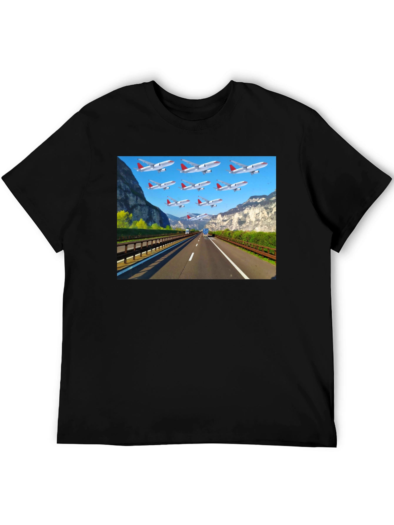 Highway Airplane Patterned Black T-Shirt