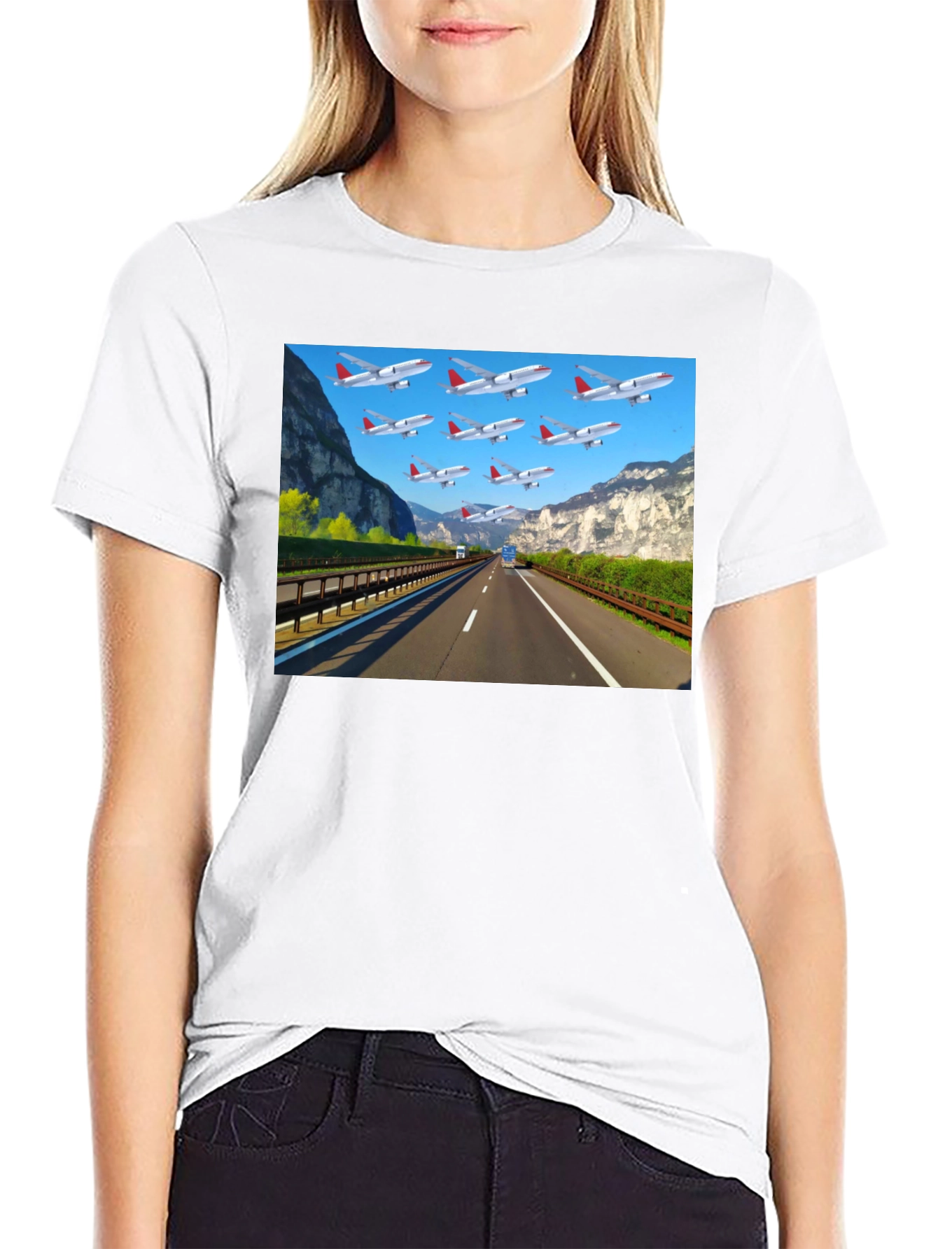 Highway Airplane Patterned Black T-Shirt