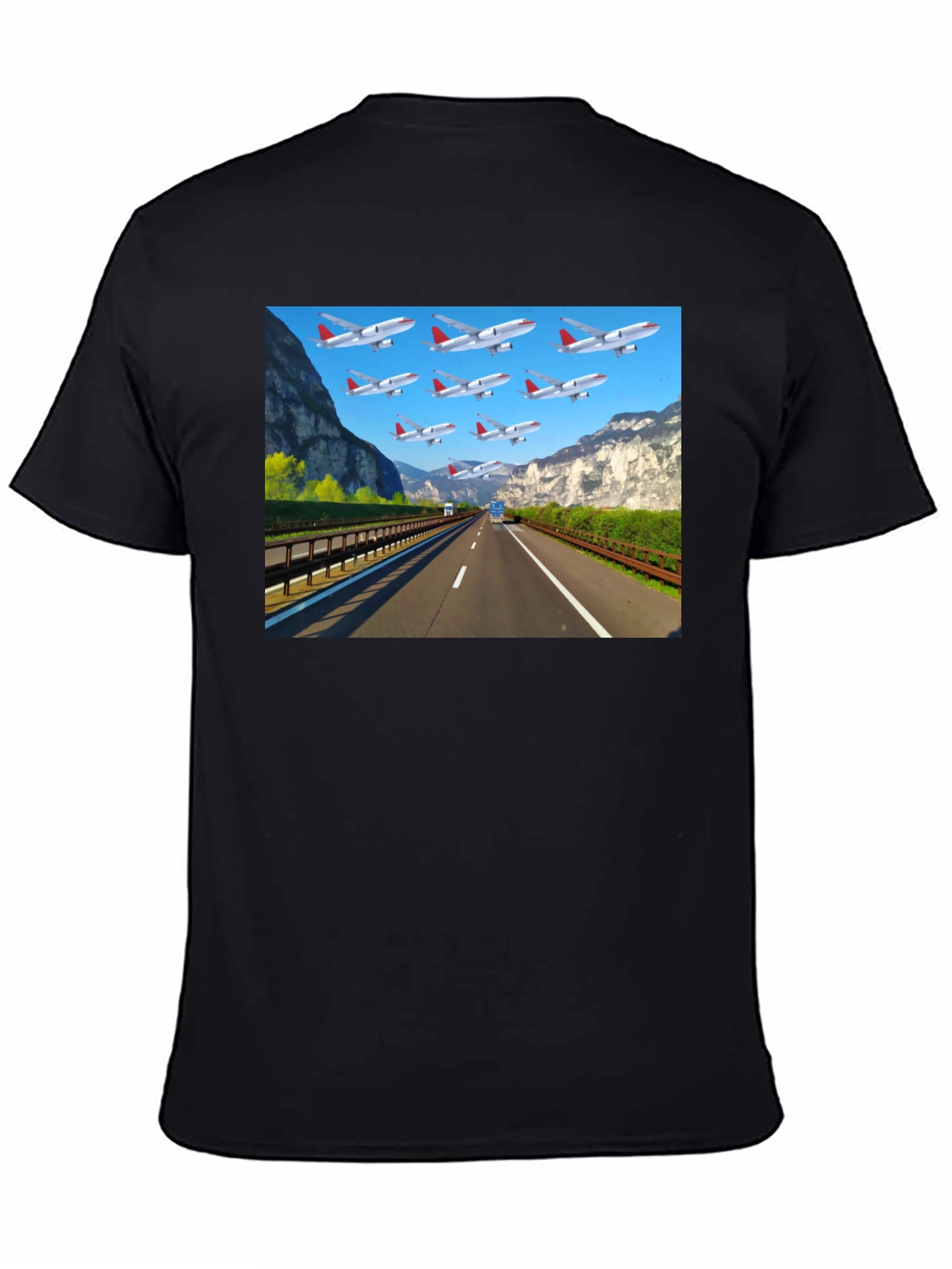 Highway Airplane Patterned Black T-Shirt