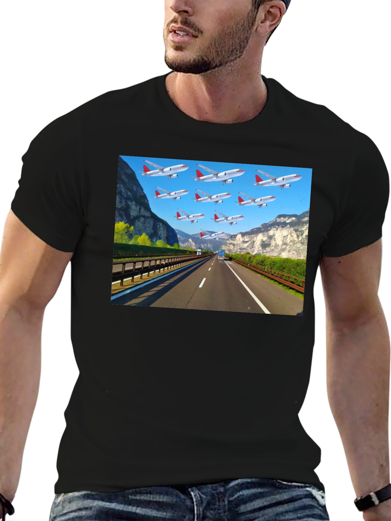 Highway Airplane Patterned Black T-Shirt