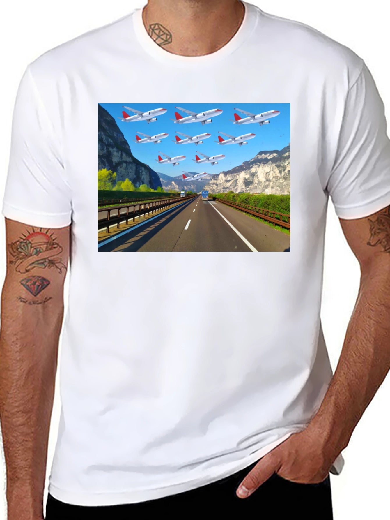 Highway Airplane Patterned Black T-Shirt