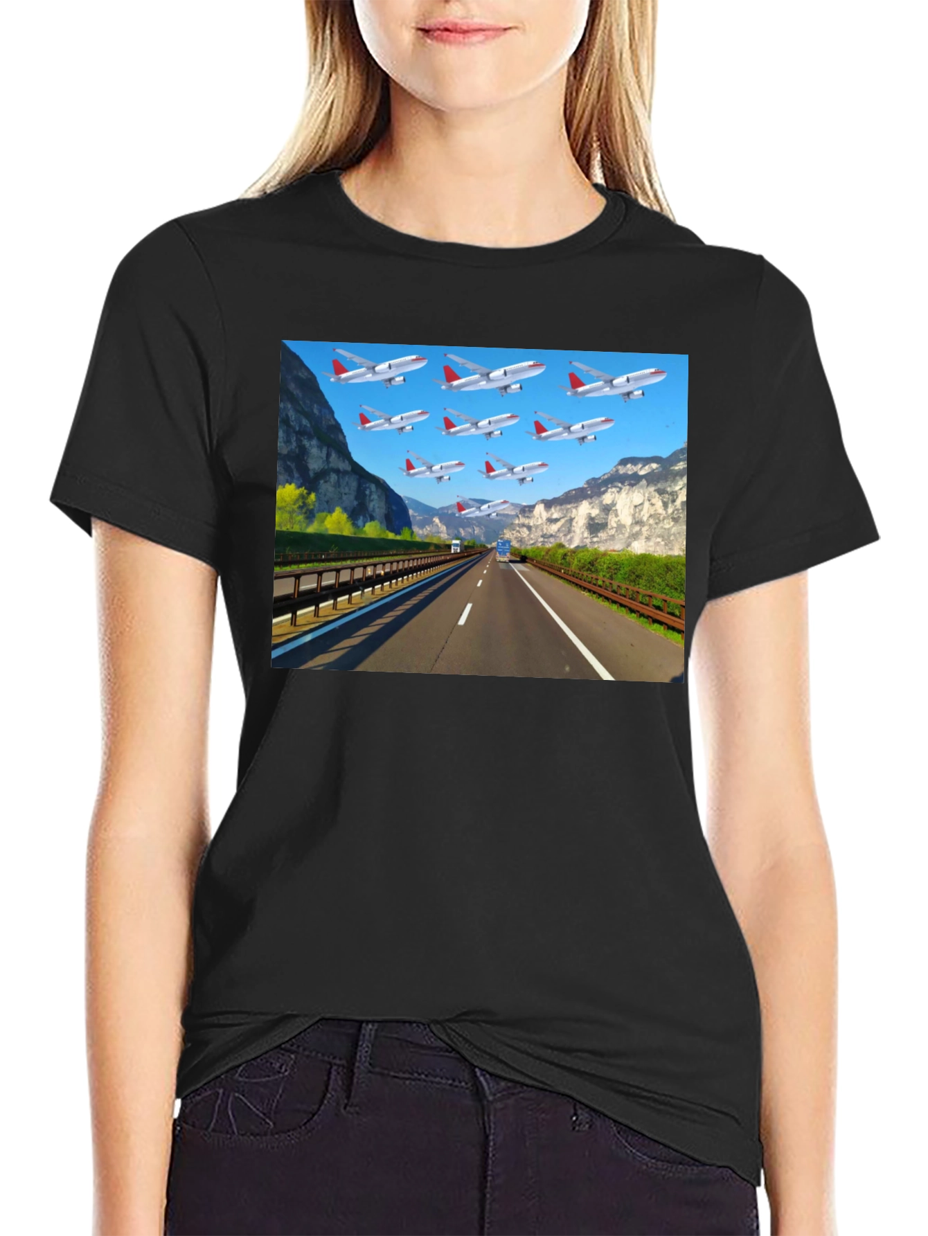 Highway Airplane Patterned Black T-Shirt