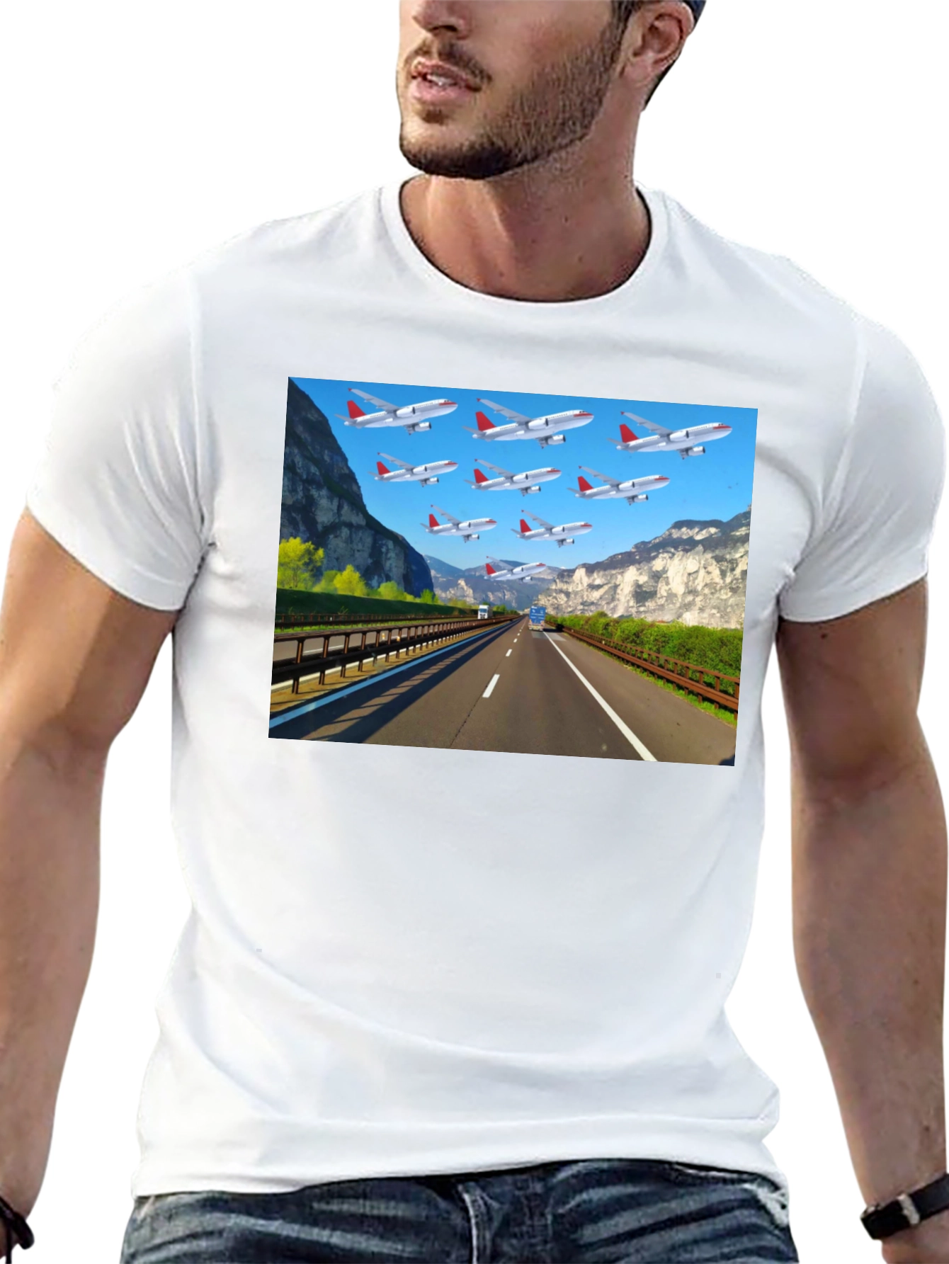 Highway Airplane Patterned Black T-Shirt