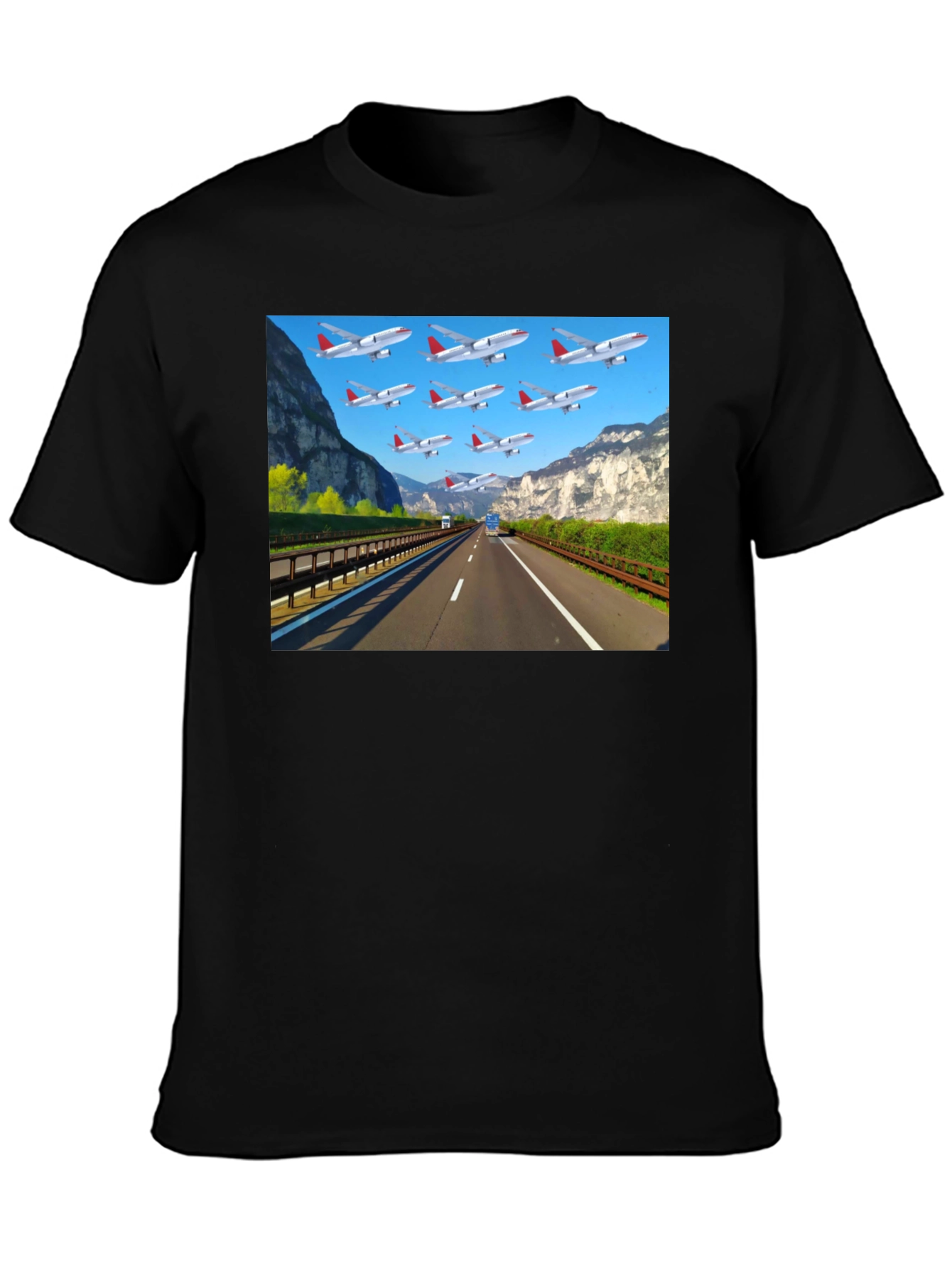 Highway Airplane Patterned Black T-Shirt