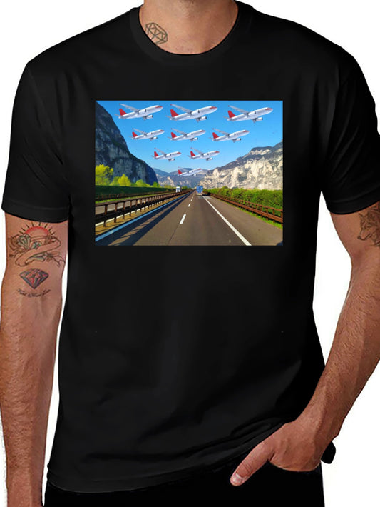 Highway Airplane Patterned Black T-Shirt